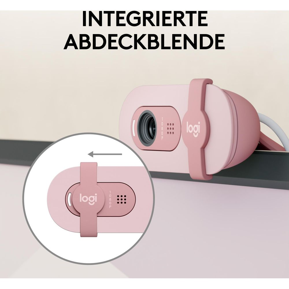 Różowa kamera internetowa Logitech z wbudowaną osłoną prywatności.