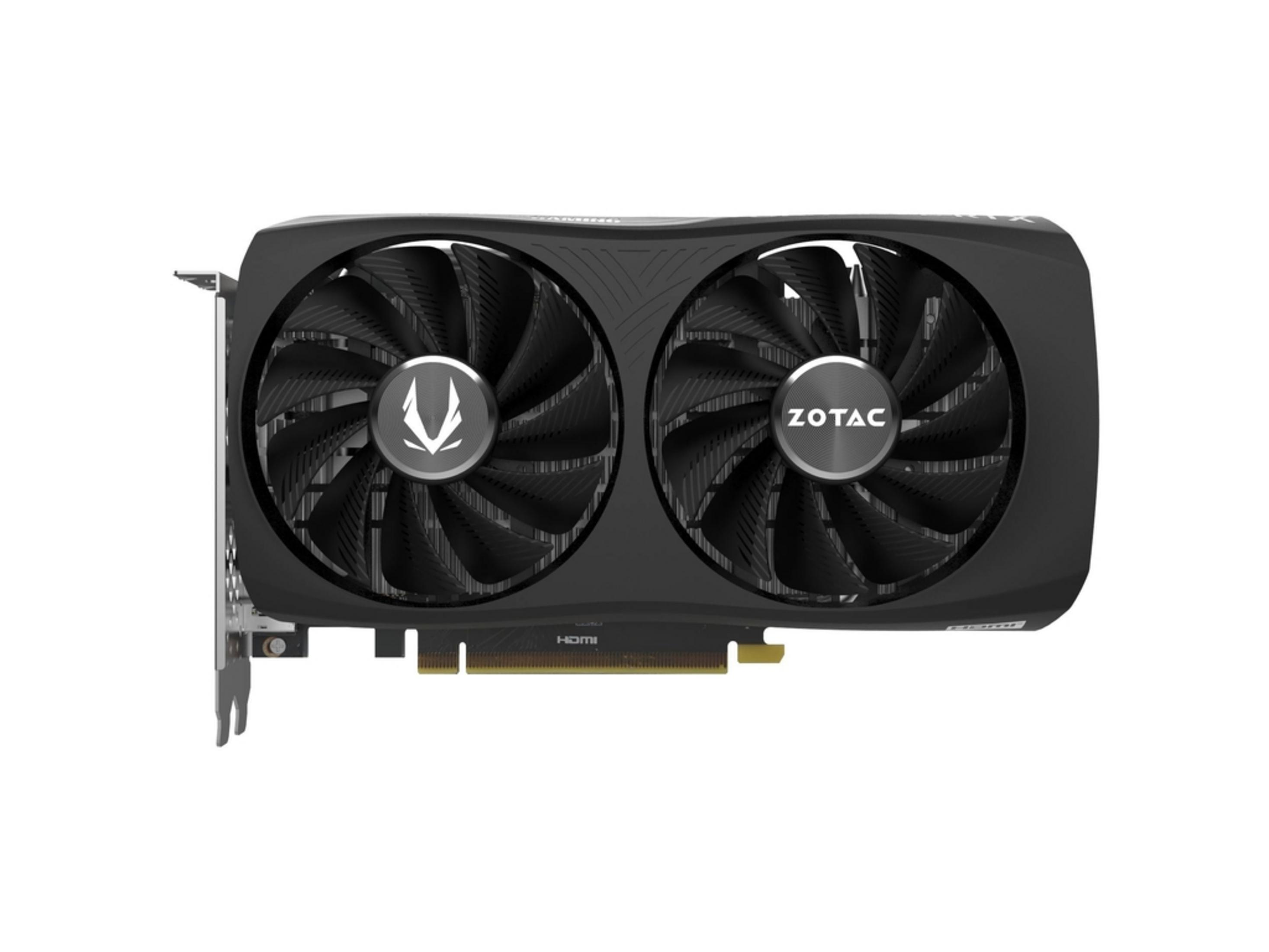 Czarna karta graficzna ZOTAC z dwoma wentylatorami i portem HDMI.