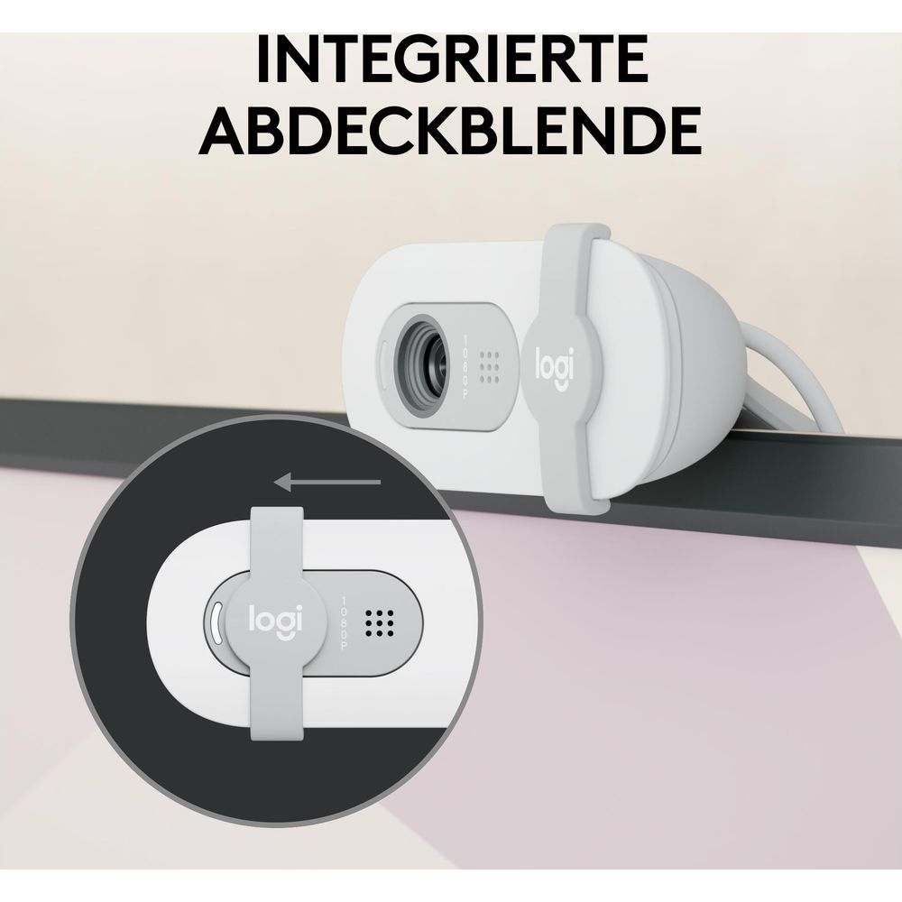 Biała kamera internetowa Logitech z wbudowaną osłoną na monitorze.