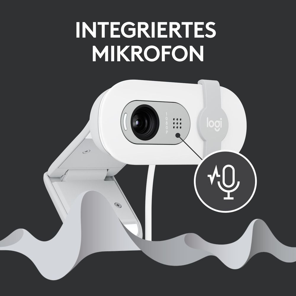 Biała kamera internetowa Logitech 1080p z wbudowanym mikrofonem i logo Logi.