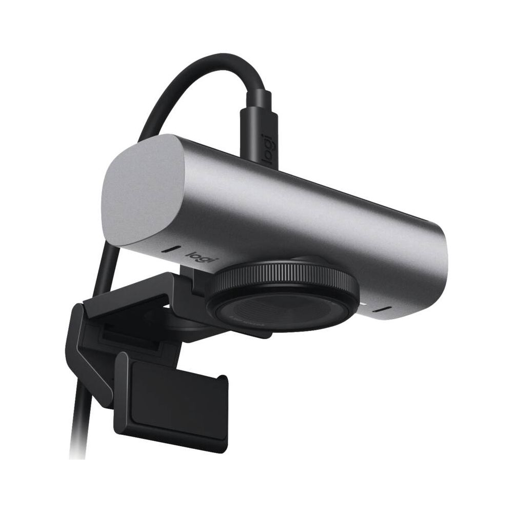 Szara kamera internetowa Logitech z czarnym mocowaniem i kablem na białym tle.