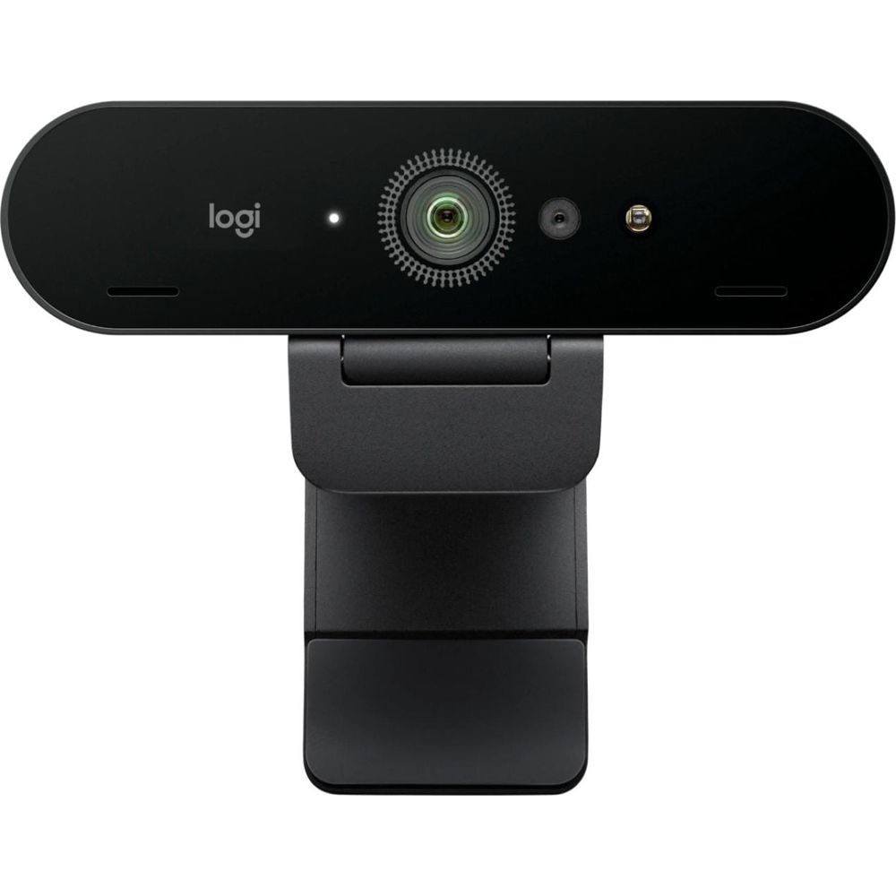 Eine schwarze Logitech-Webcam mit Objektiv, Mikrofon und Ständer.