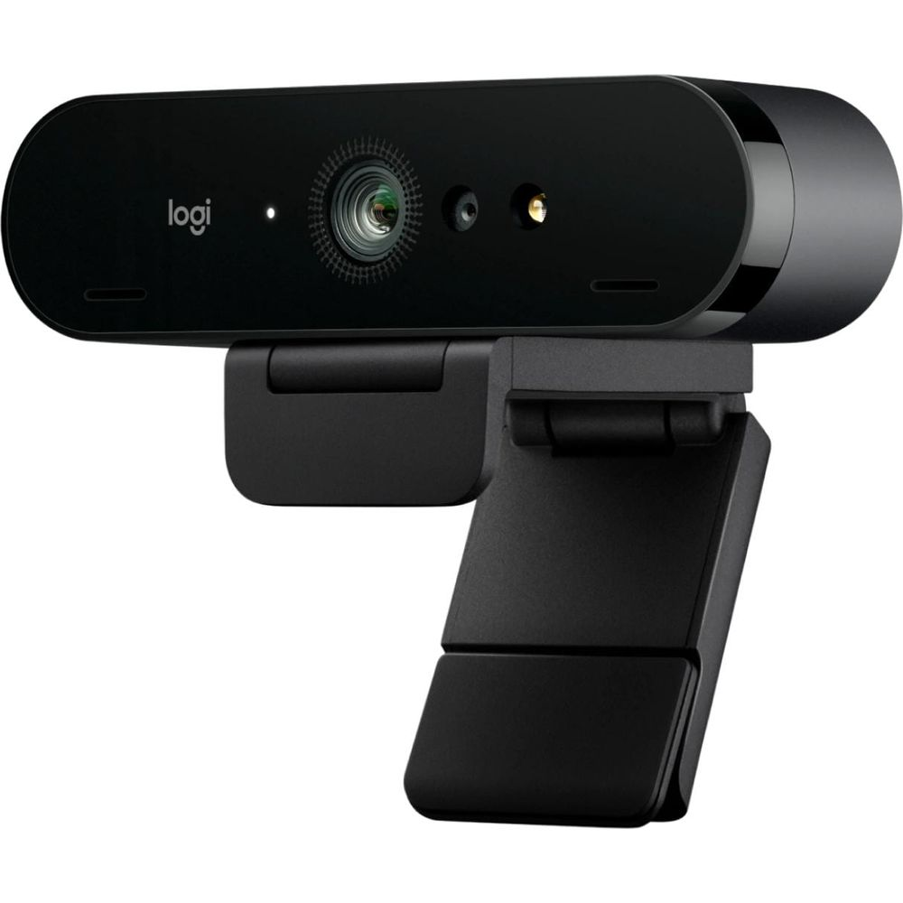 Eine schwarze Logitech-Webcam mit Mikrofon und integriertem Ringlicht.