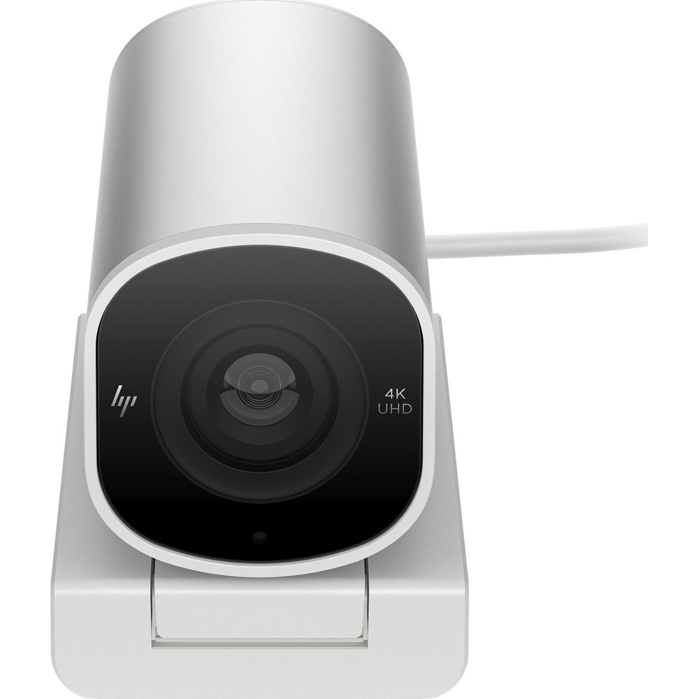 Srebrna kamera 4K UHD z czarnym obiektywem i logo HP.