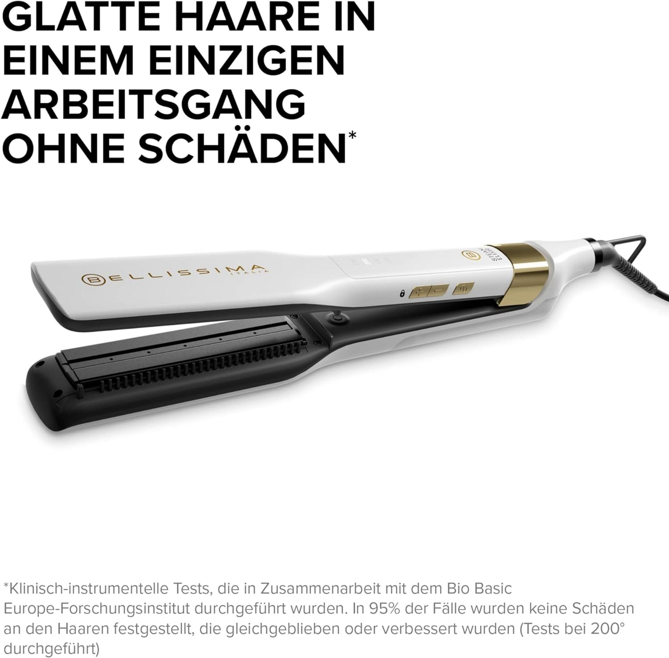 Biało-złota prostownica do włosów z nasadką grzebieniową i kontrolkami.