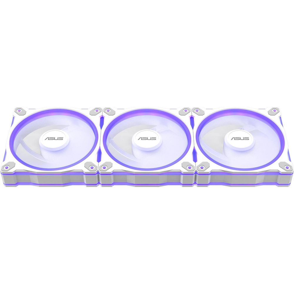 Trzy białe wentylatory ASUS z fioletowym podświetleniem.