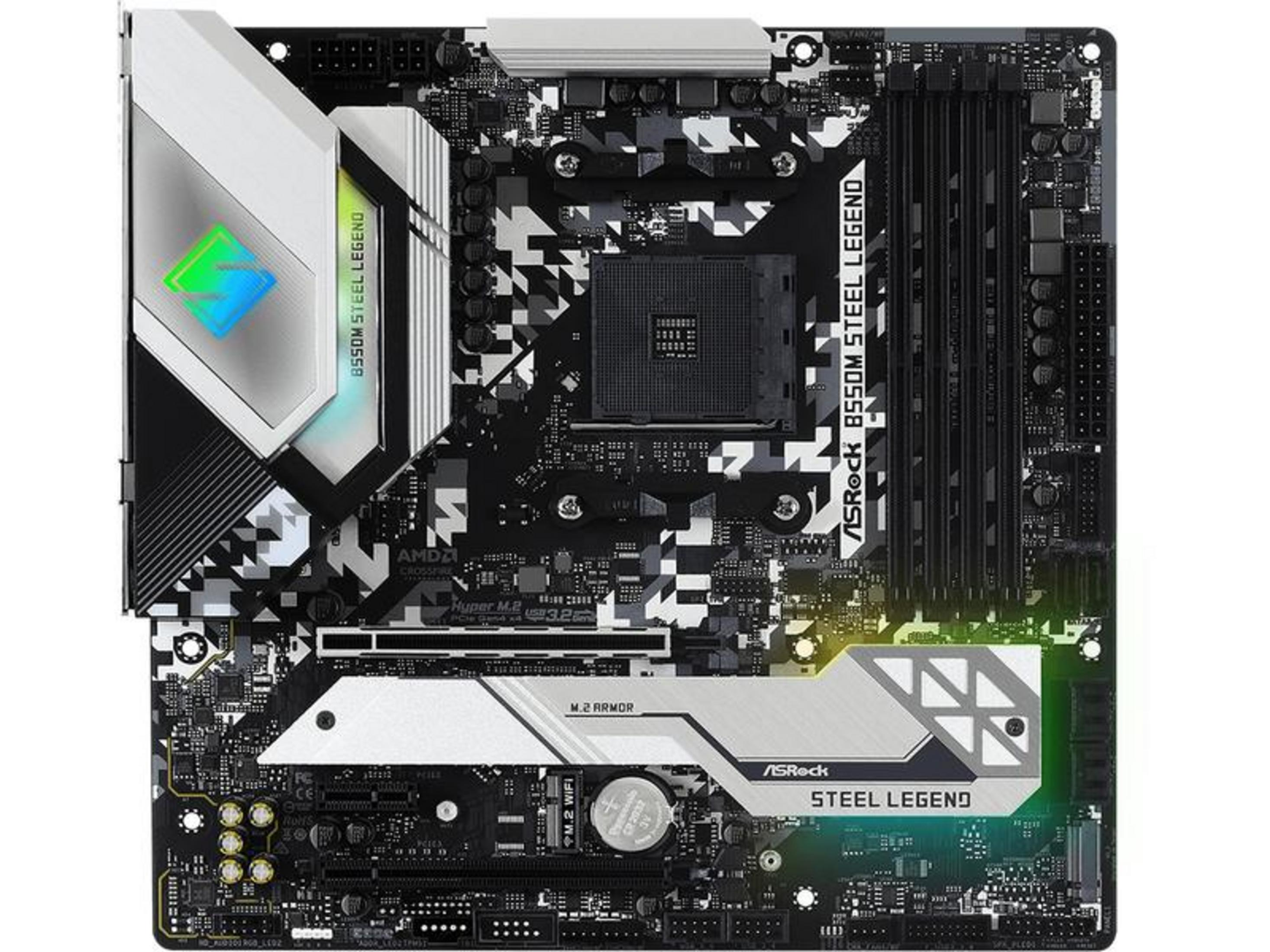 Placa base ASRock B550M Steel Legend con zócalo de CPU, ranuras RAM y disipadores.