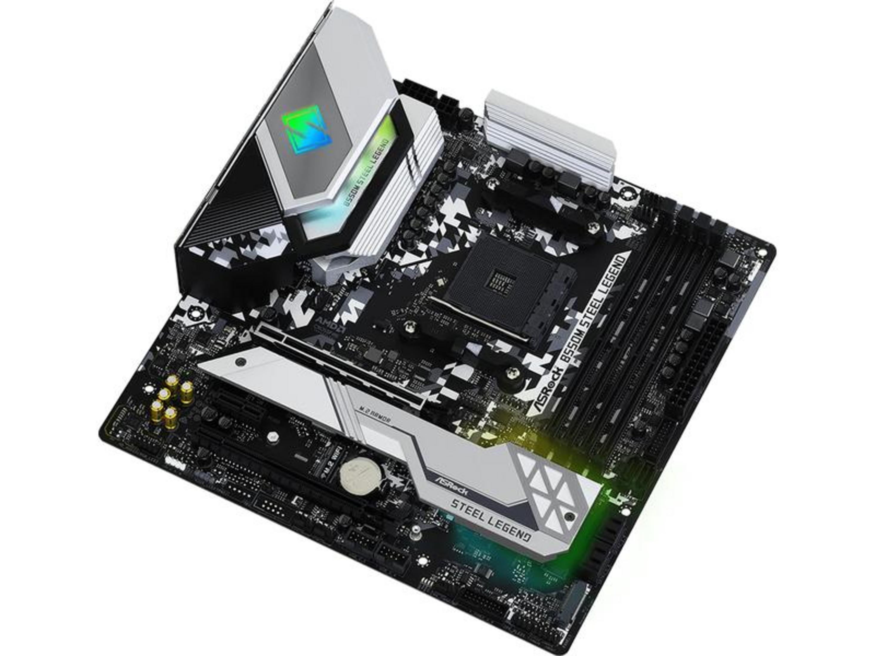 Una placa base ASRock B550M Steel Legend con disipadores y luces RGB.