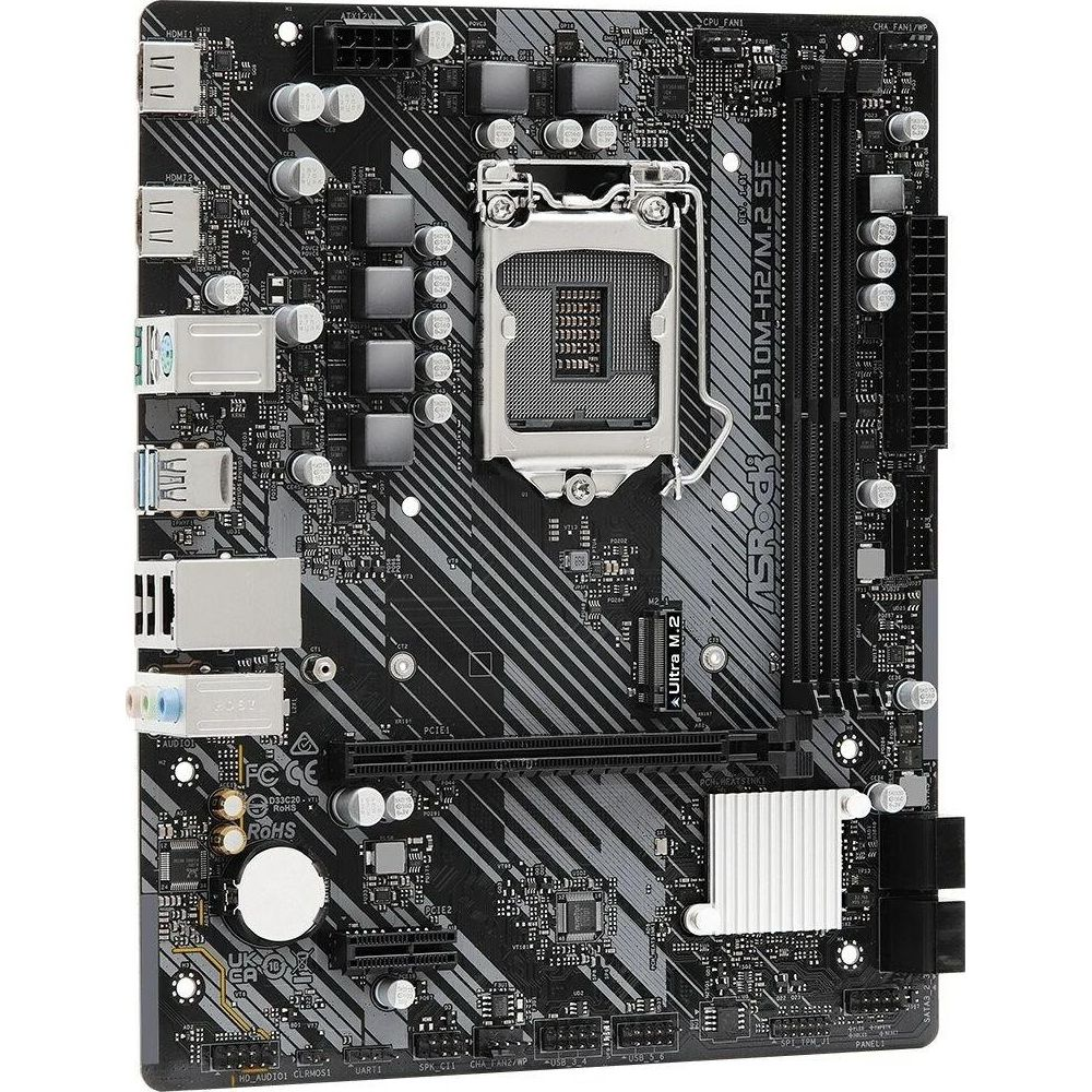 Czarna płyta główna ASROCK H510M-H2/M.2 SE z gniazdem CPU, slotami RAM i złączami.