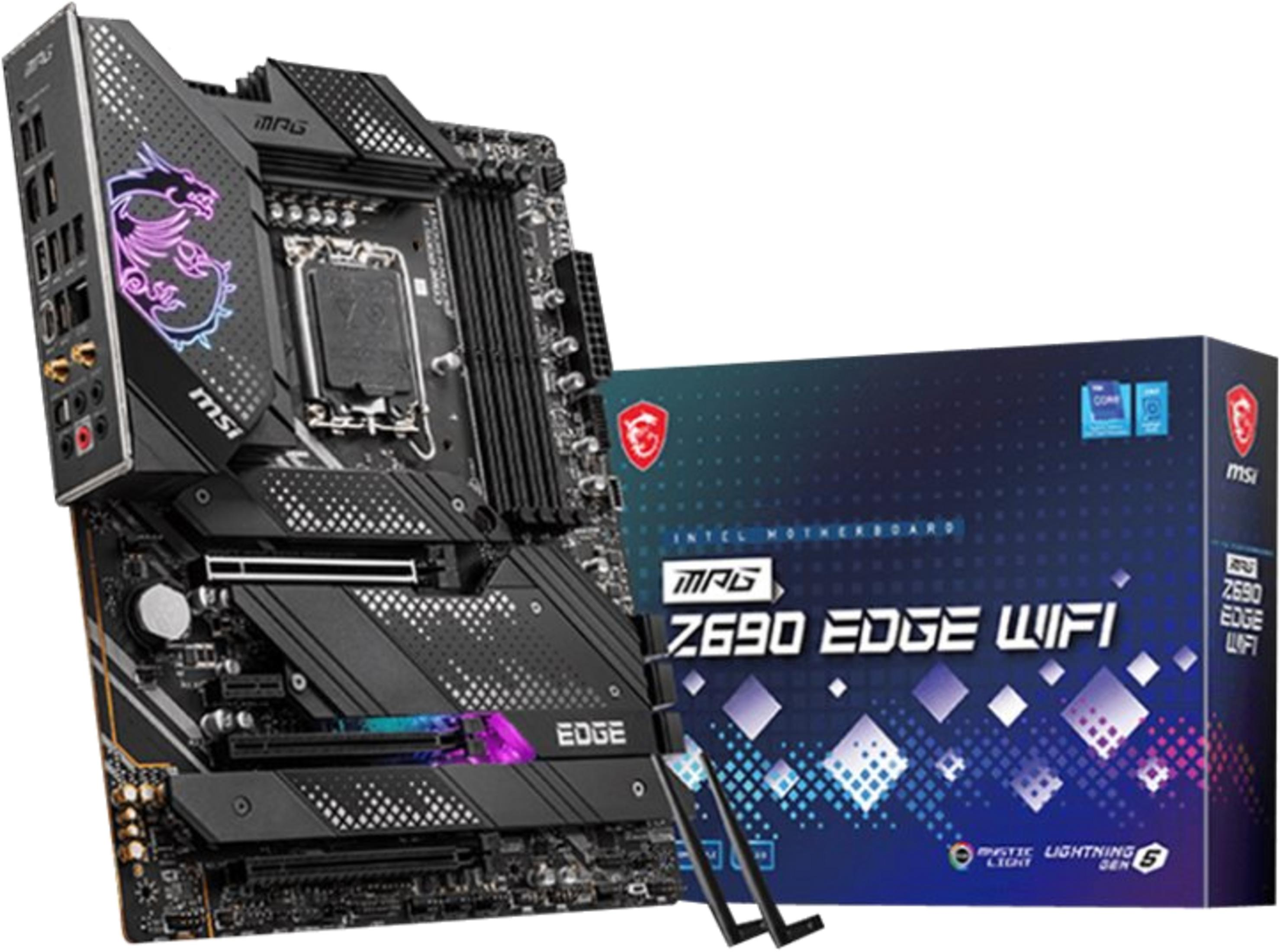 Scheda madre MSI MAG Z690 EDGE WIFI e la sua scatola, con illuminazione RGB.