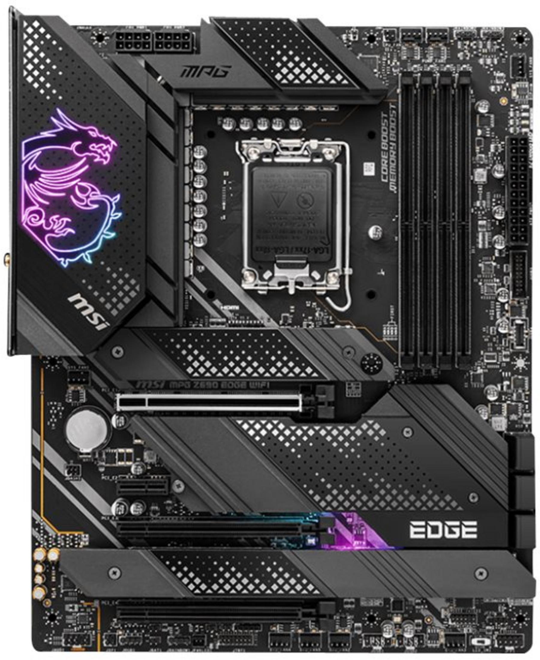 Una scheda madre MSI nera con logo di drago e illuminazione RGB.