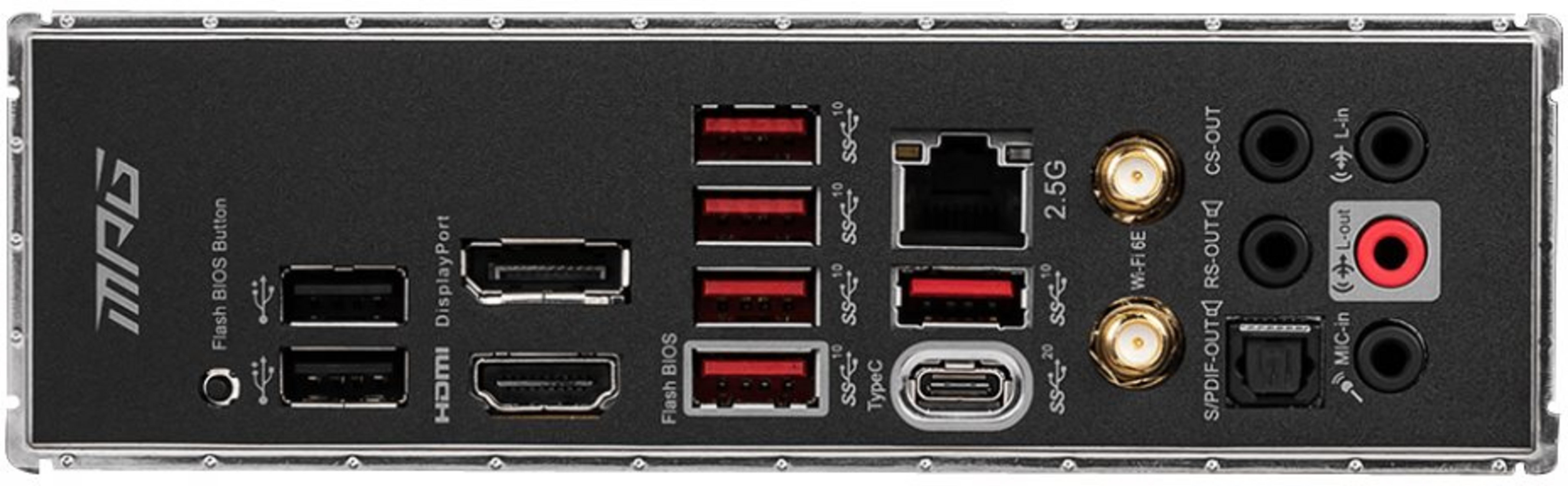 Pannello I/O posteriore della scheda madre con porte USB, HDMI, DisplayPort, Ethernet, Wi-Fi e audio.