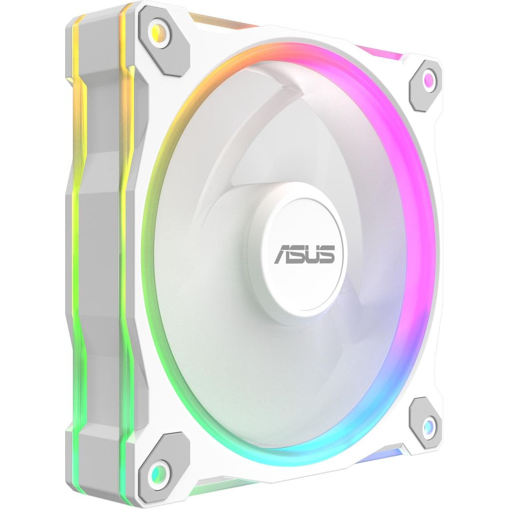Biały wentylator komputerowy z oświetleniem RGB i logo ASUS.