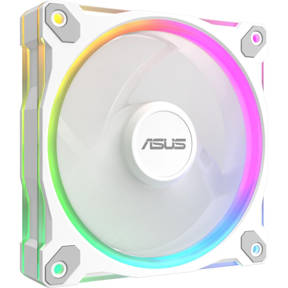 Biały wentylator PC z oświetleniem RGB i logo ASUS pośrodku.