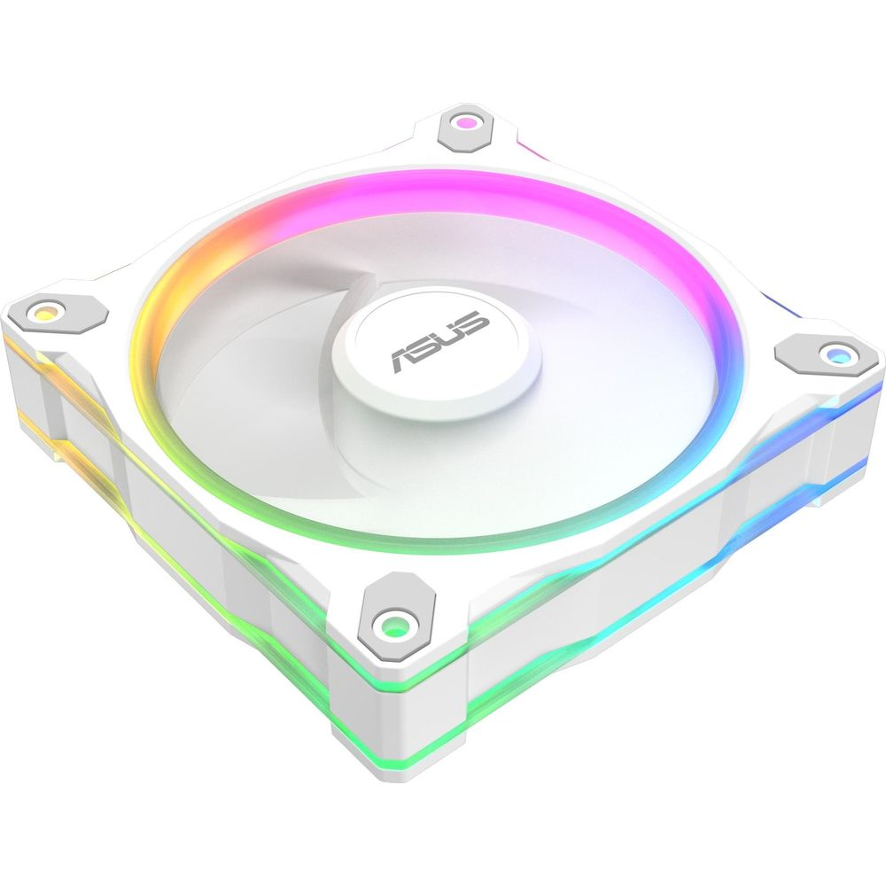 Biały wentylator komputerowy z oświetleniem RGB, logo ASUS pośrodku.