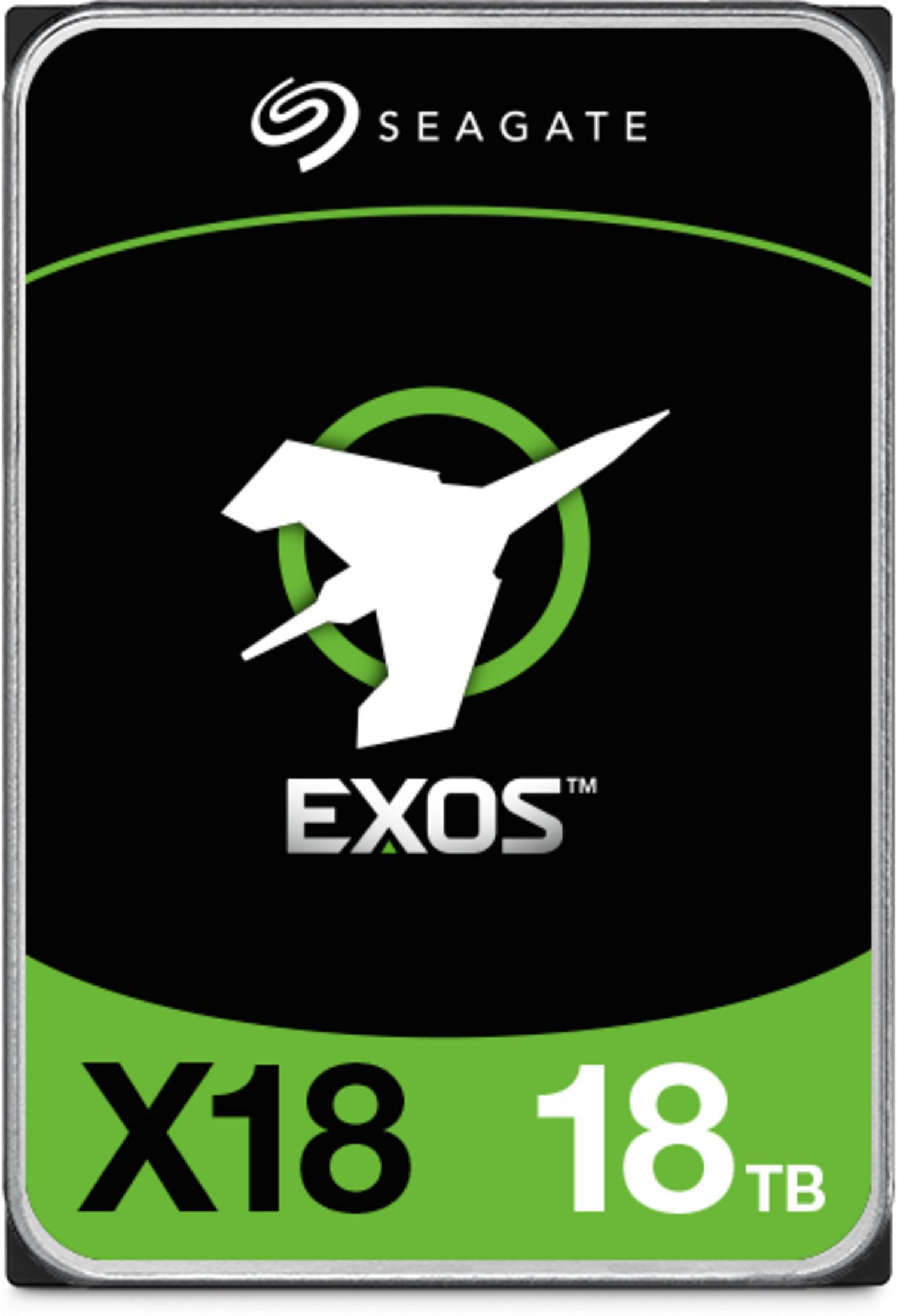 Dysk Seagate Exos X18 18TB z białym logo orła i zieloną linią.