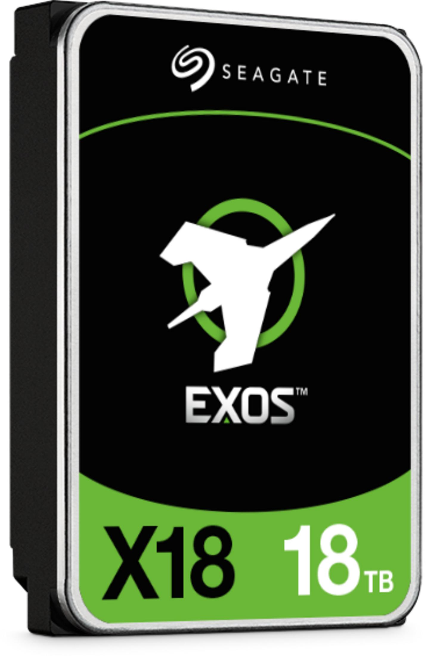 Dysk twardy Seagate Exos X18 18TB z białym logo i zielonymi akcentami.