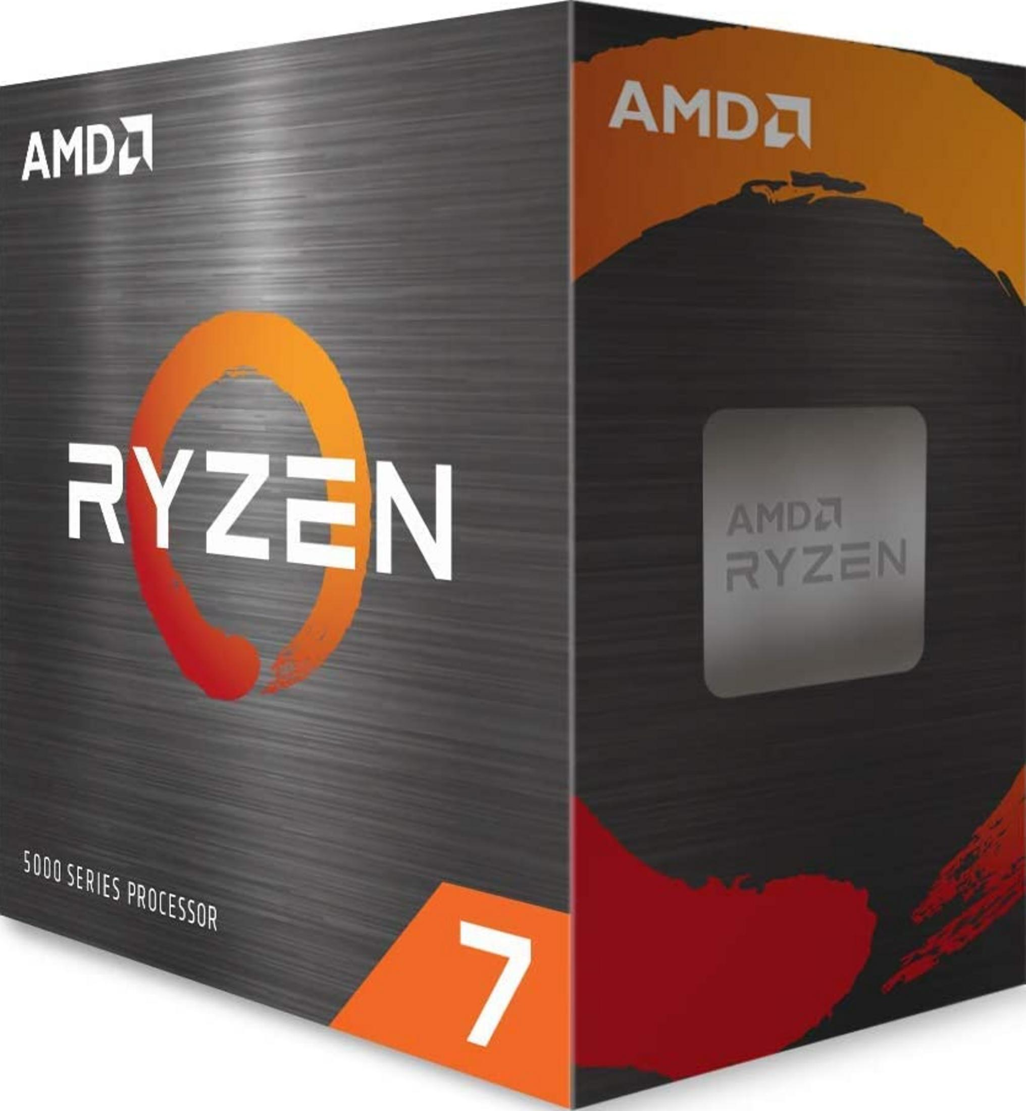 Pudełko procesora AMD Ryzen 7 Serii 5000 z logo i pomarańczowo-czerwonym wzorem.