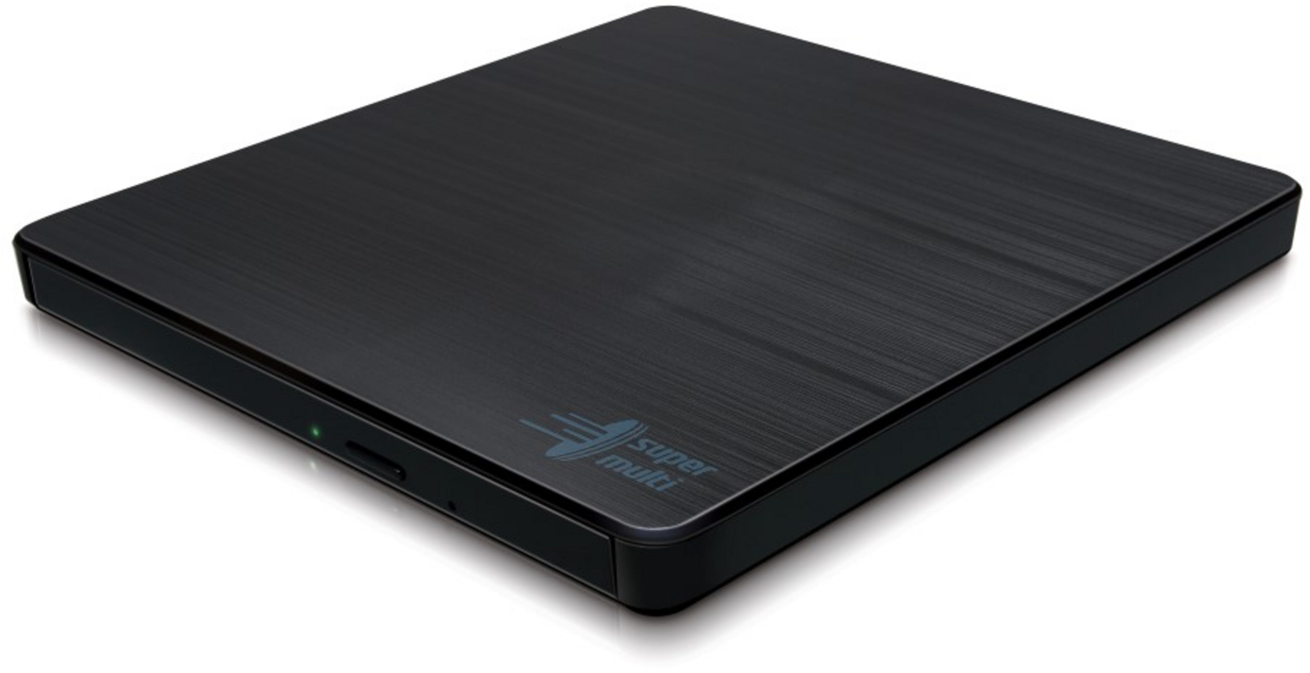 Una unidad externa de CD/DVD negra con acabado de metal cepillado.