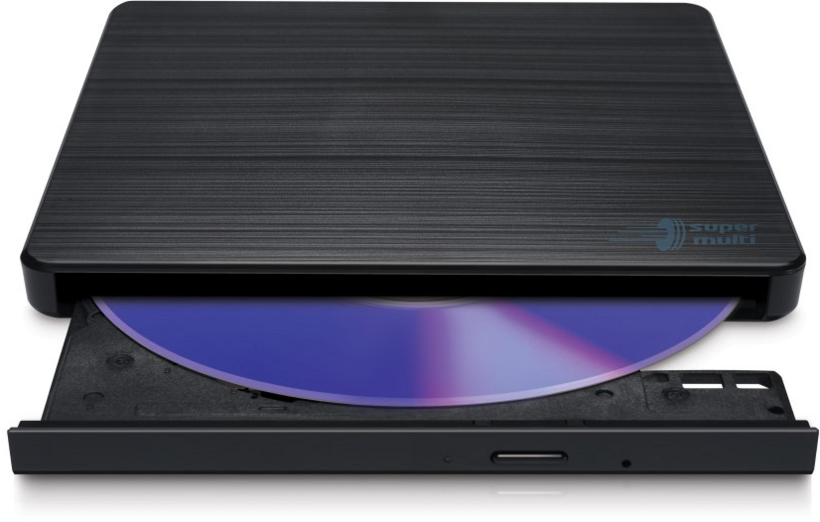 Grabadora externa negra CD/DVD con disco insertado.