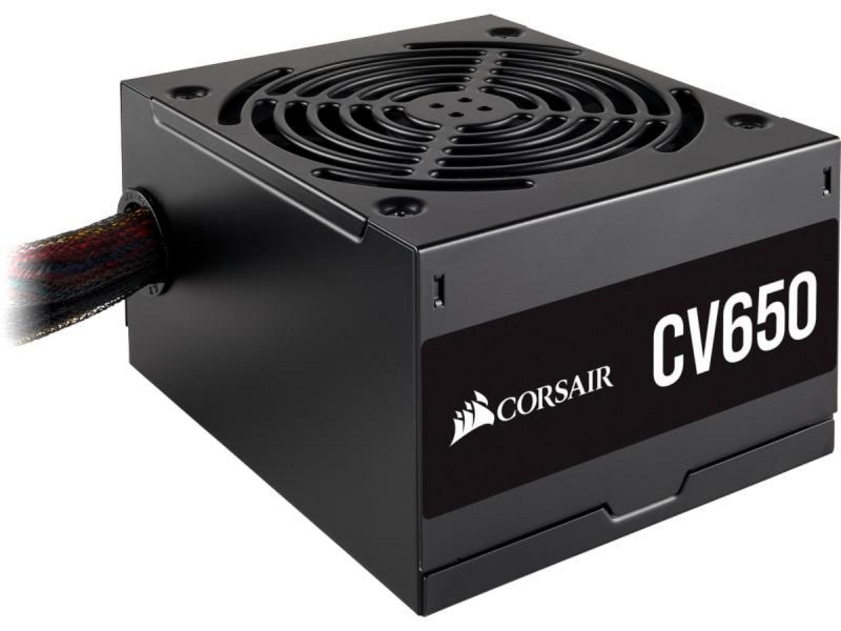 Alimentatore nero con griglia ventola e cavo. Corsair CV650.