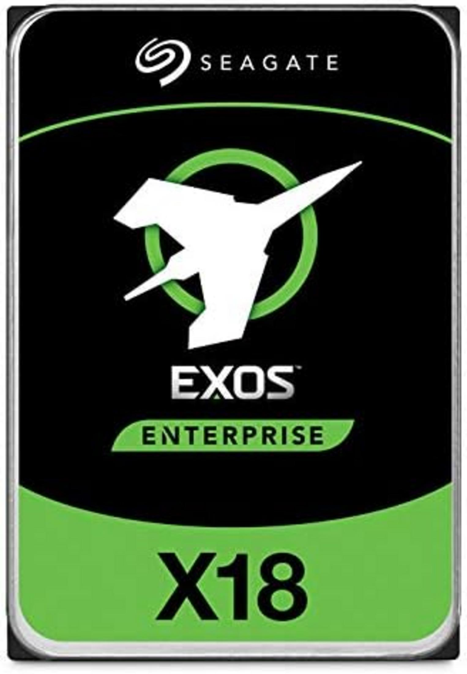 Hard disk Seagate Exos X18 Enterprise con logo bianco su sfondo nero.