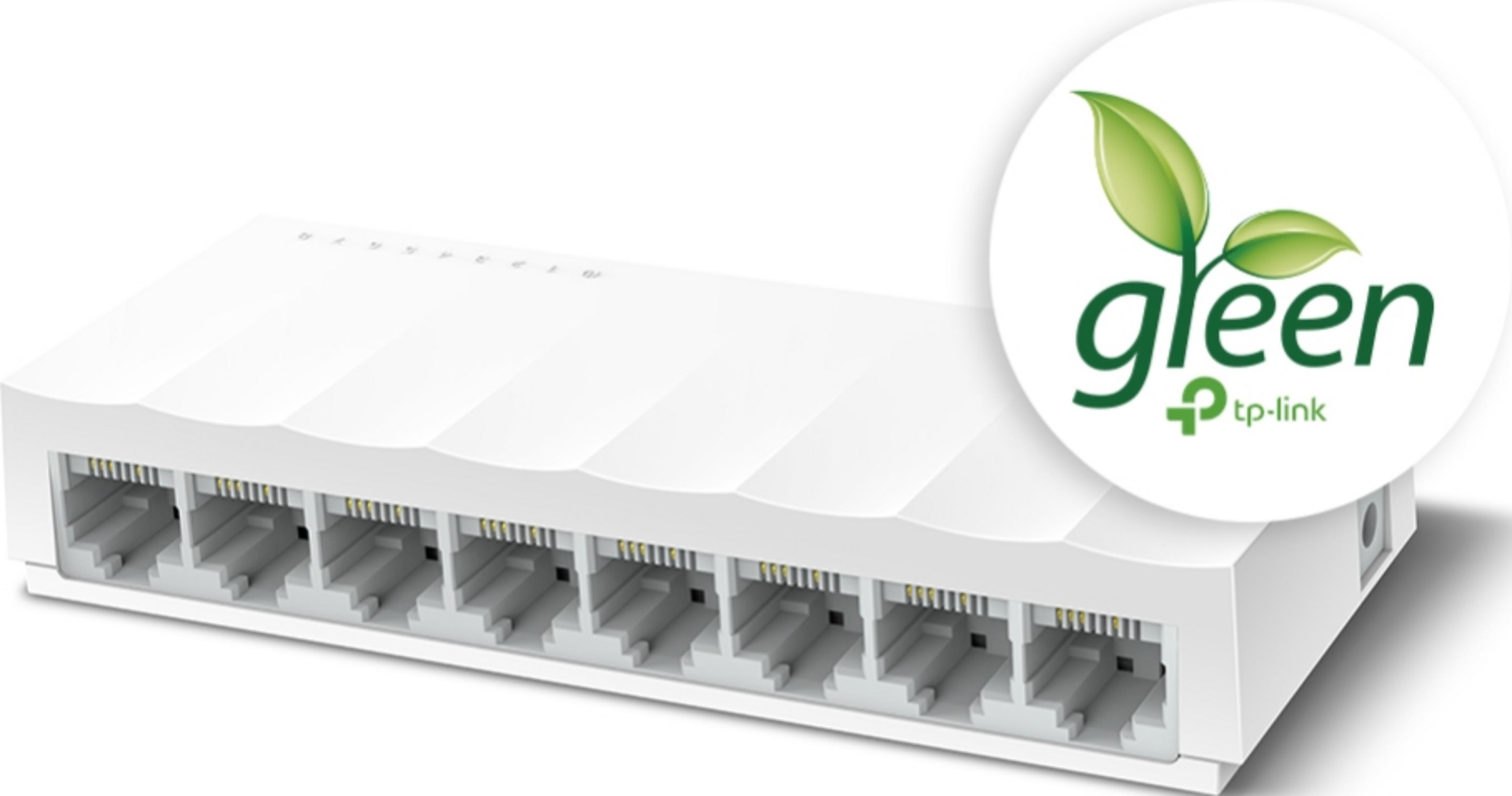 Biały przełącznik sieciowy z wieloma portami i zielonym logo TP-Link.