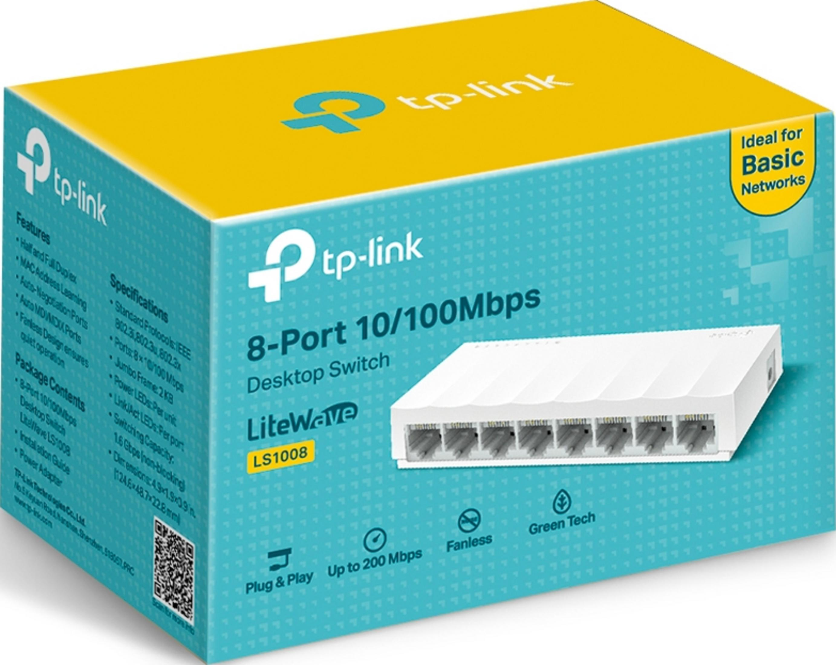 TP-Link 8-portowy przełącznik biurkowy 10/100Mbps na turkusowym pudełku.