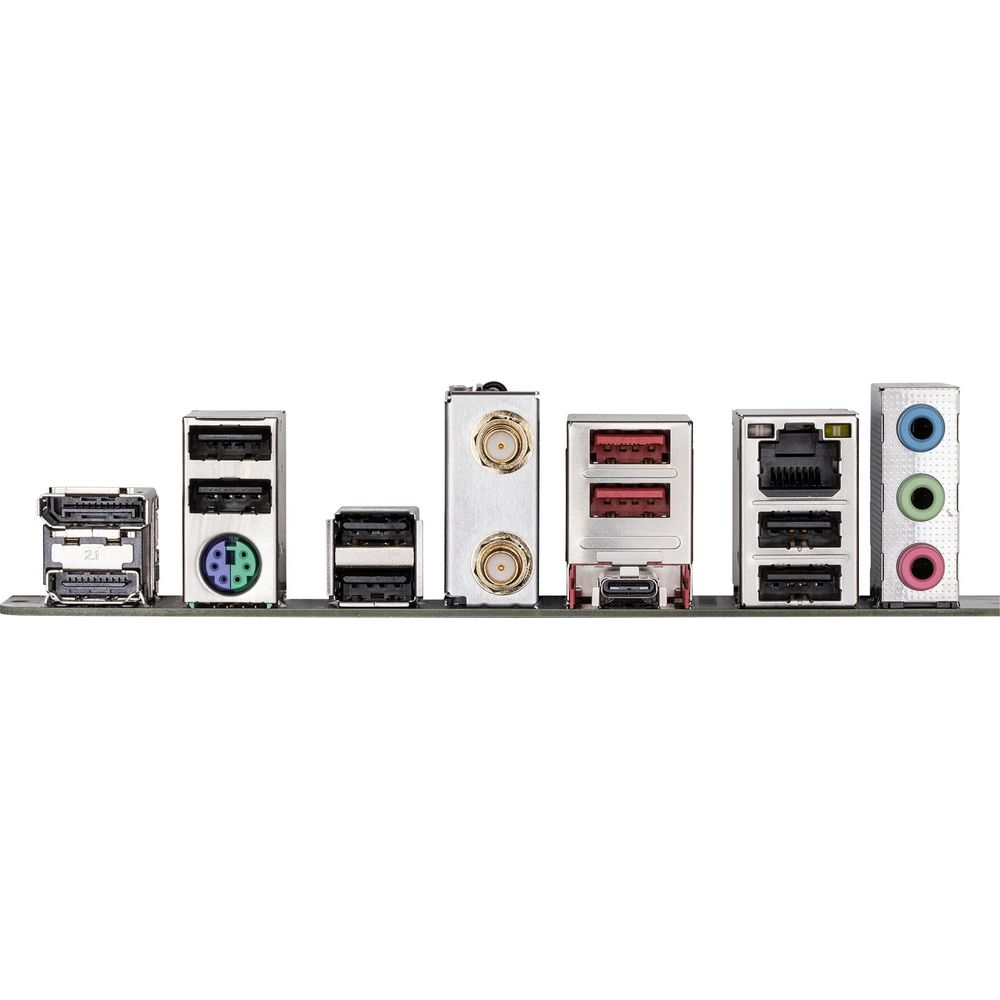 Panel tylny płyty głównej z portami USB, Ethernet i audio.