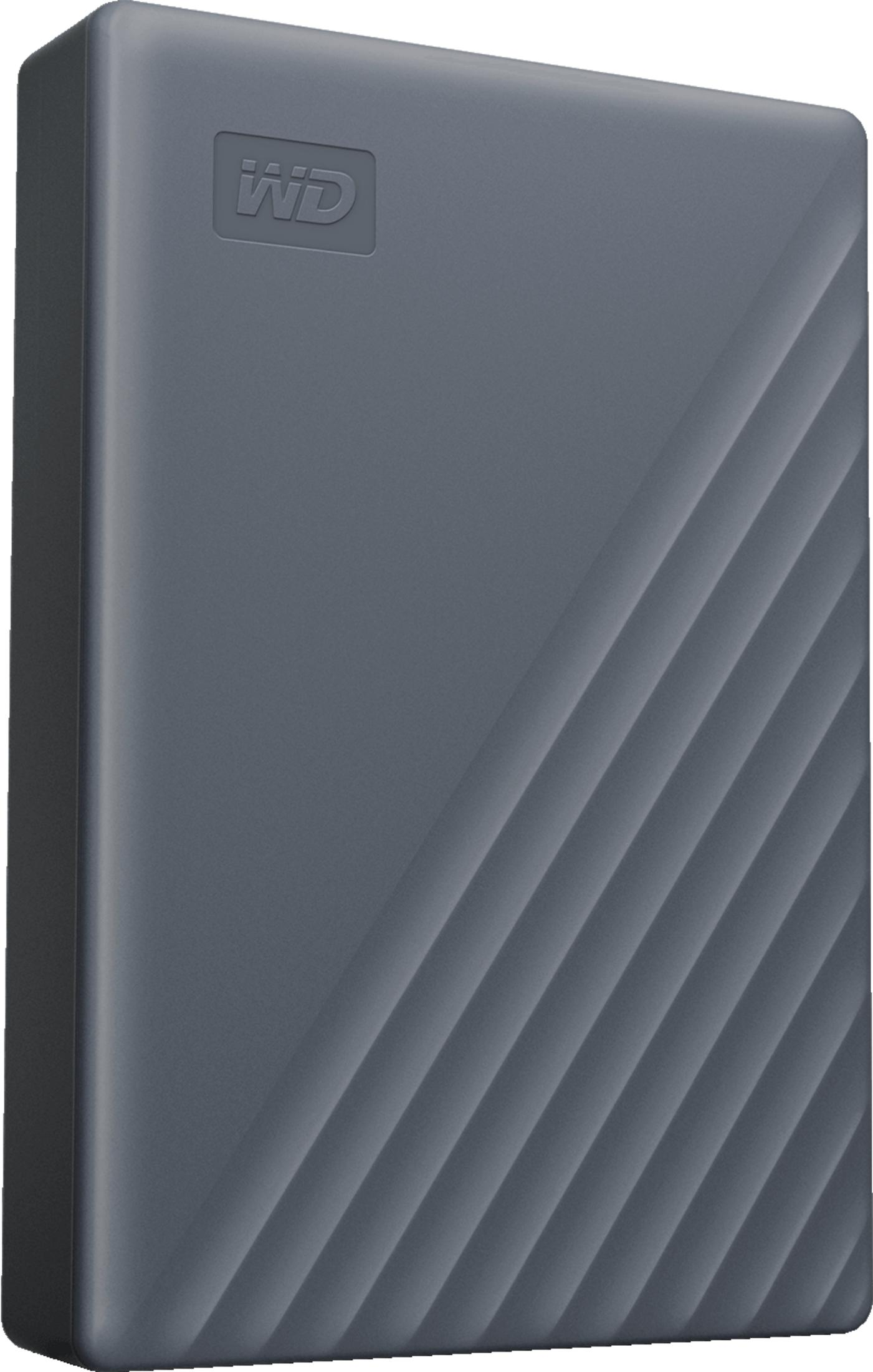 Szary zewnętrzny dysk WD z prążkowanym wzorem i logo.