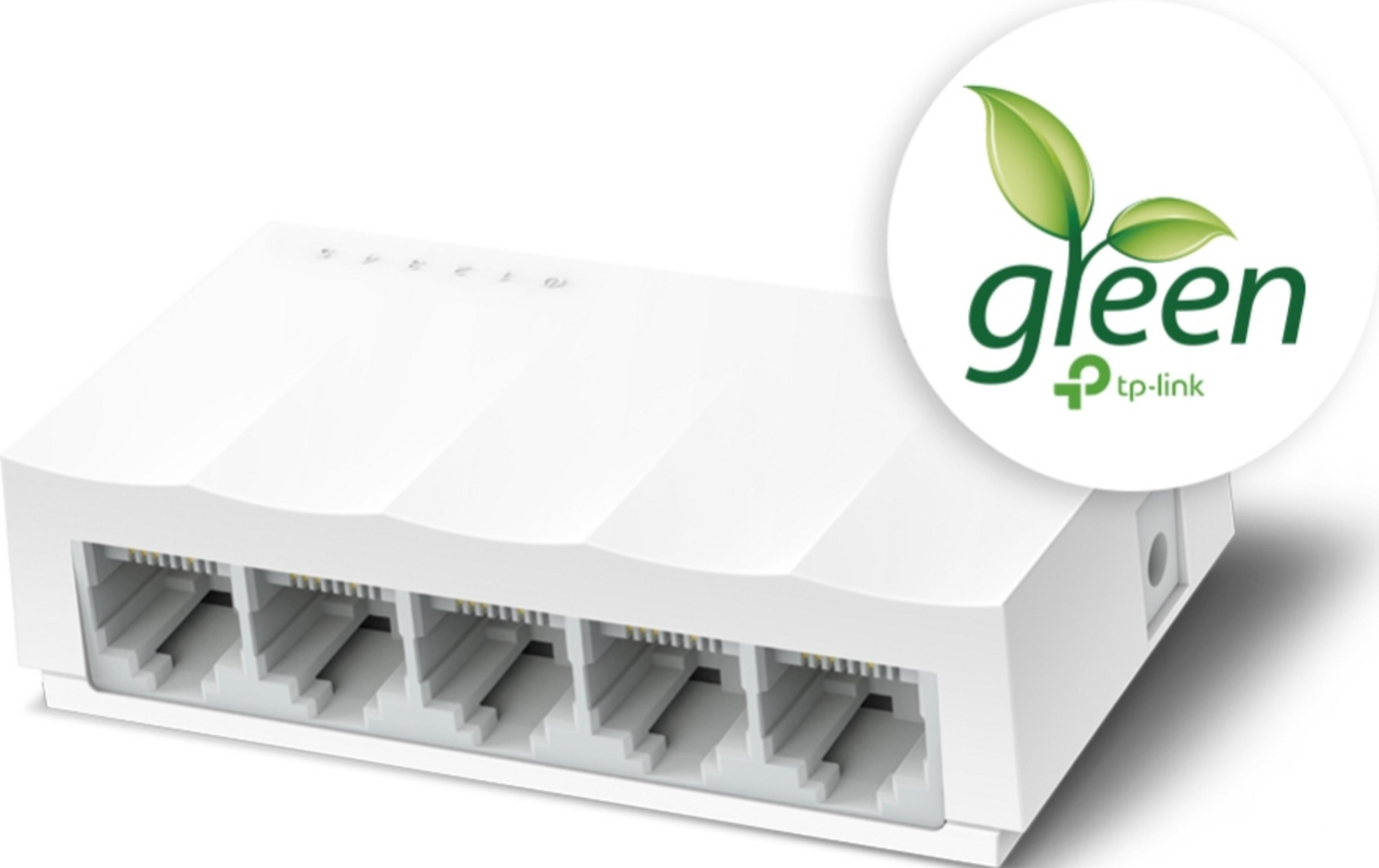 Biały przełącznik sieciowy z ośmioma portami i zielonym logo z liśćmi.