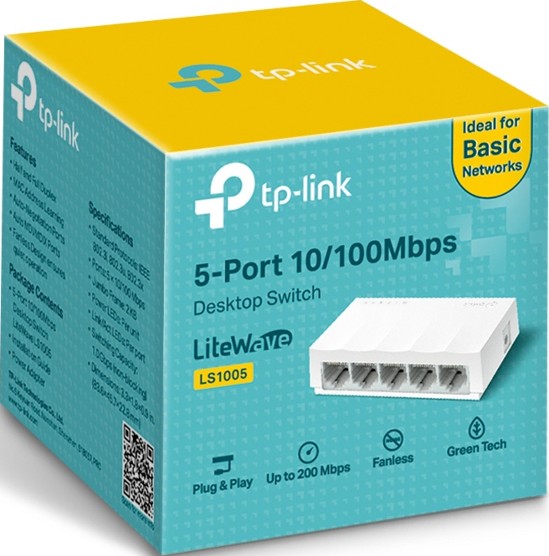 TP-Link 5-portowy przełącznik biurkowy, model LiteWave LS1005, biały z portami.
