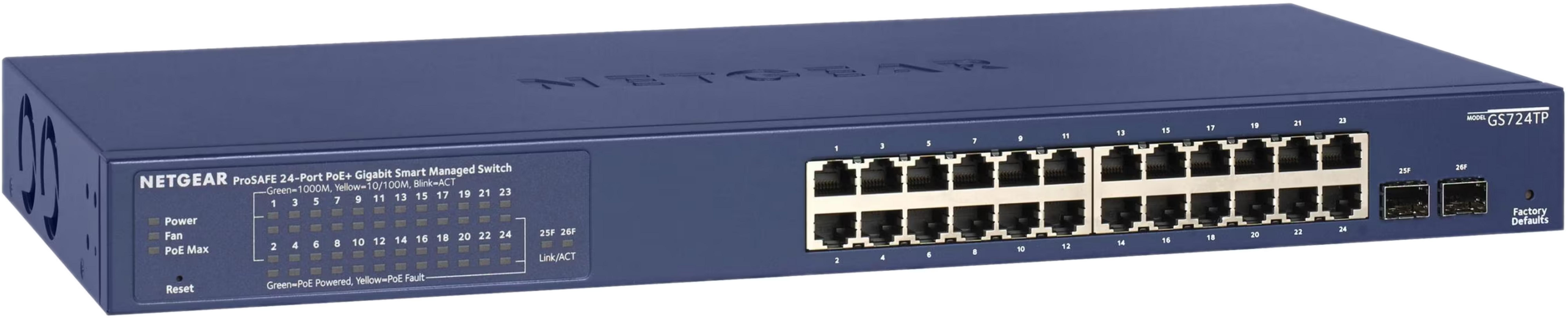 Uno switch di rete Netgear GS724TP blu a 24 porte con LED di stato.