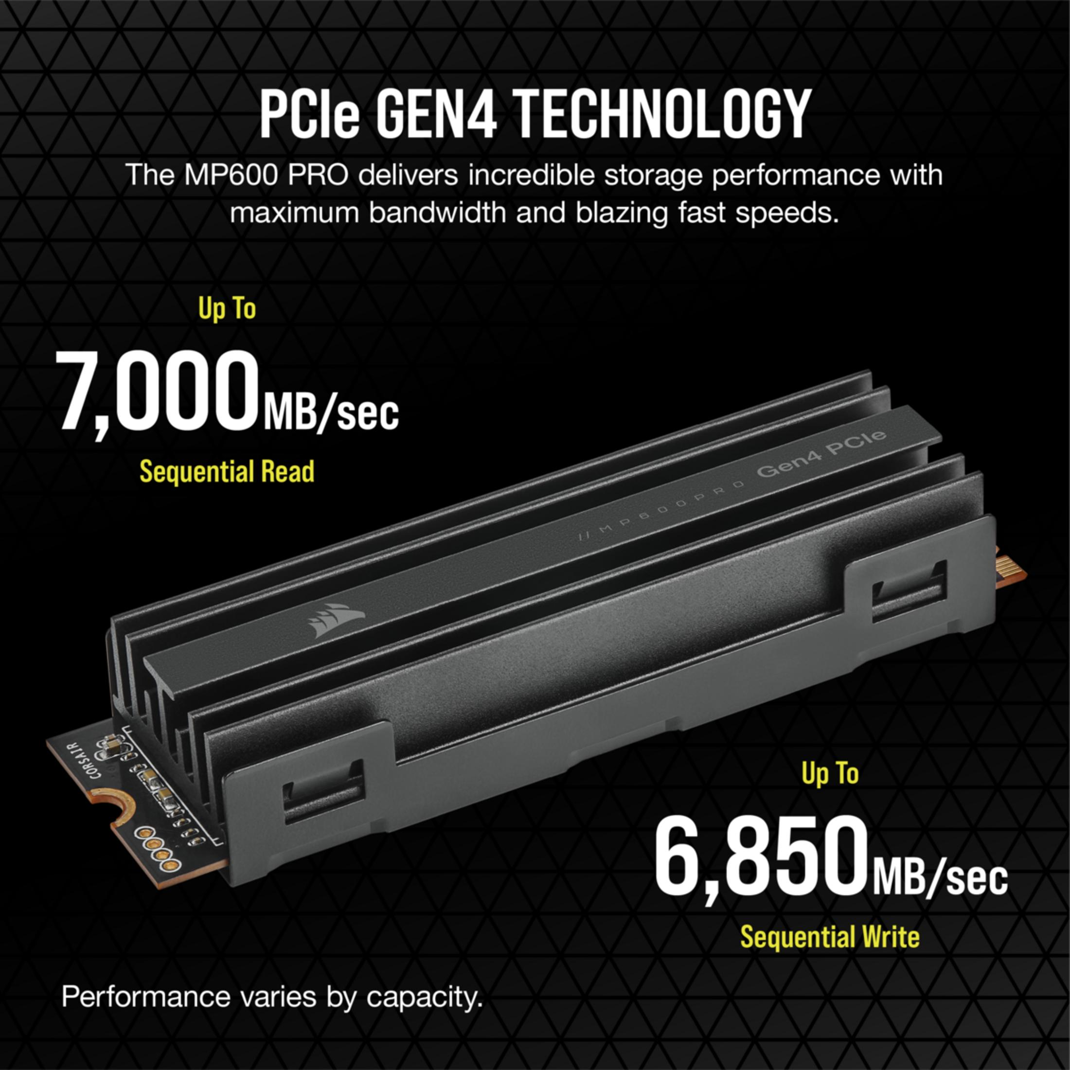 Un SSD M.2 PCIe Gen4 negro con disipador, 7000MB/s lectura, 6850MB/s escritura.