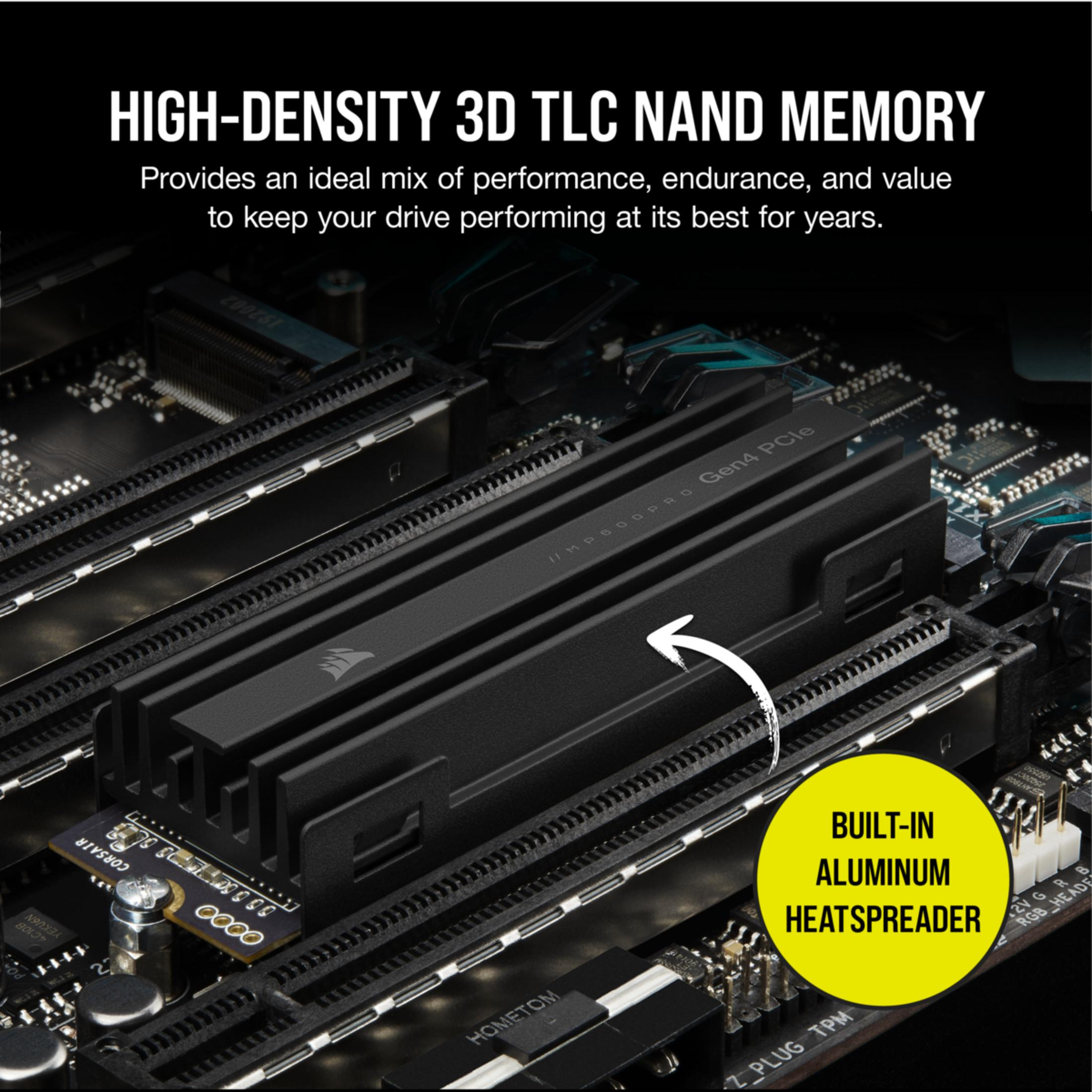 SSD negra con disipador en placa base, etiquetada 'Gen4 PCIe' y 'Disipador de aluminio integrado'.