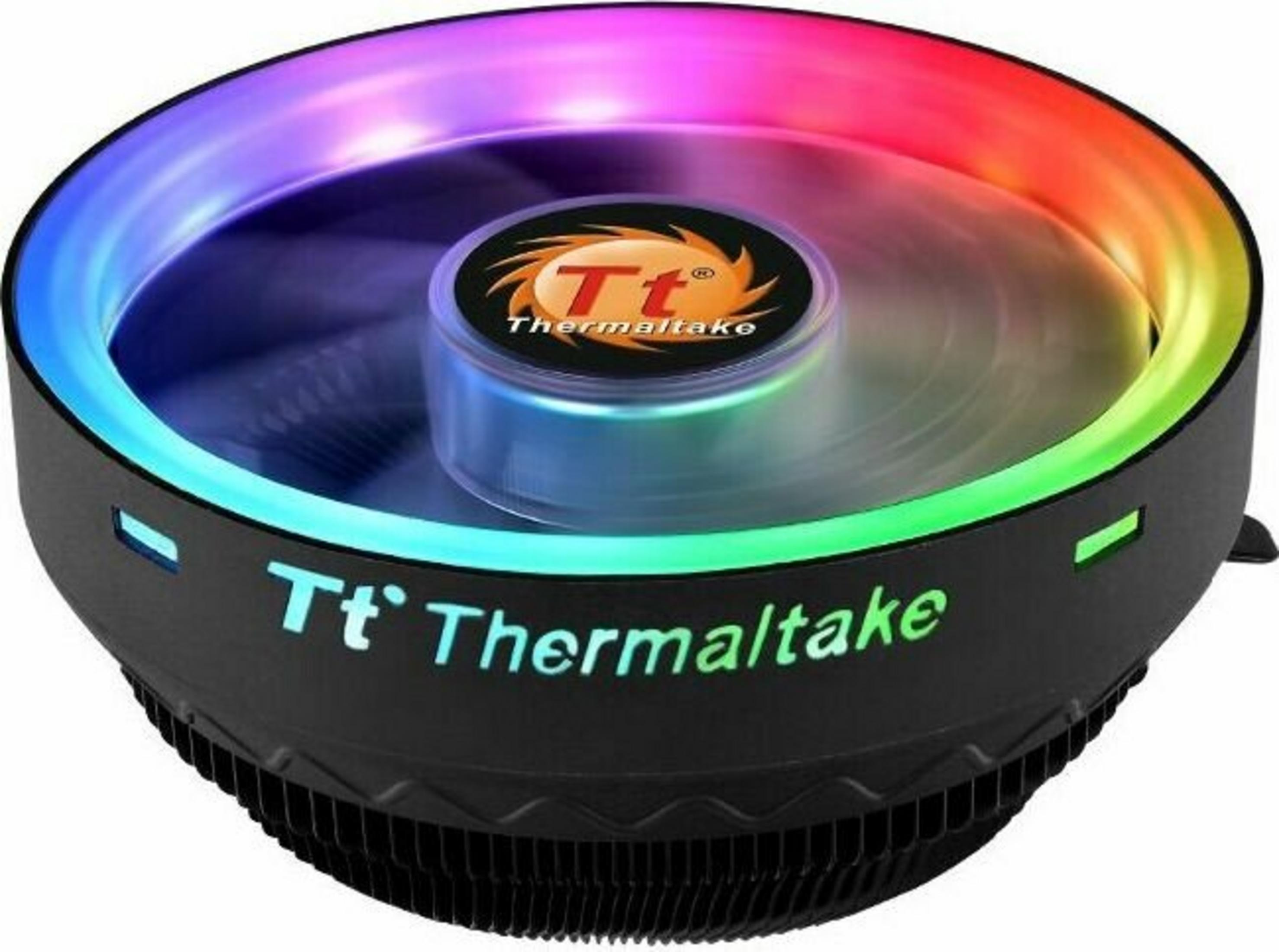Een zwarte CPU-koeler met RGB-verlichting en het Thermaltake-logo.