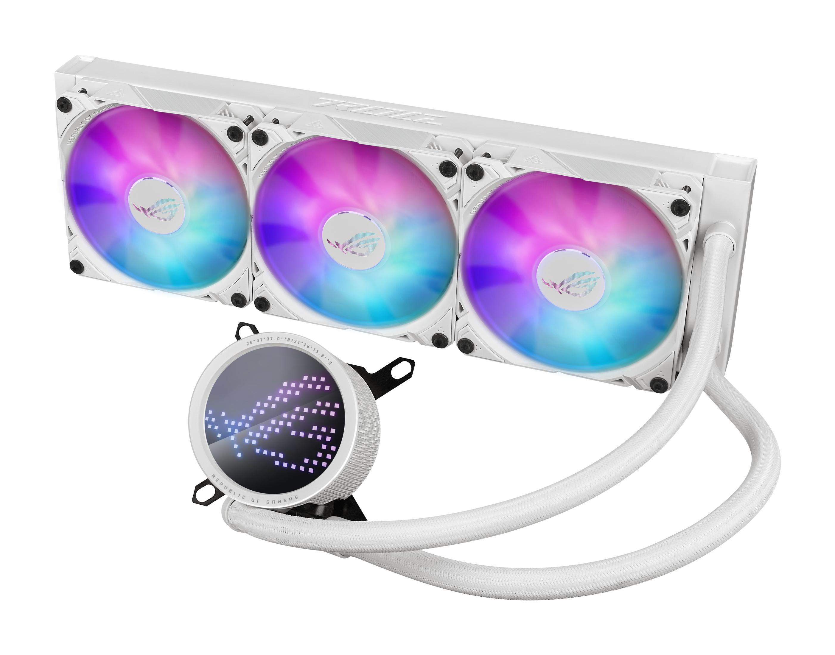 Biała chłodnica cieczy do komputera z trzema wentylatorami RGB i okrągłą obudową pompy.