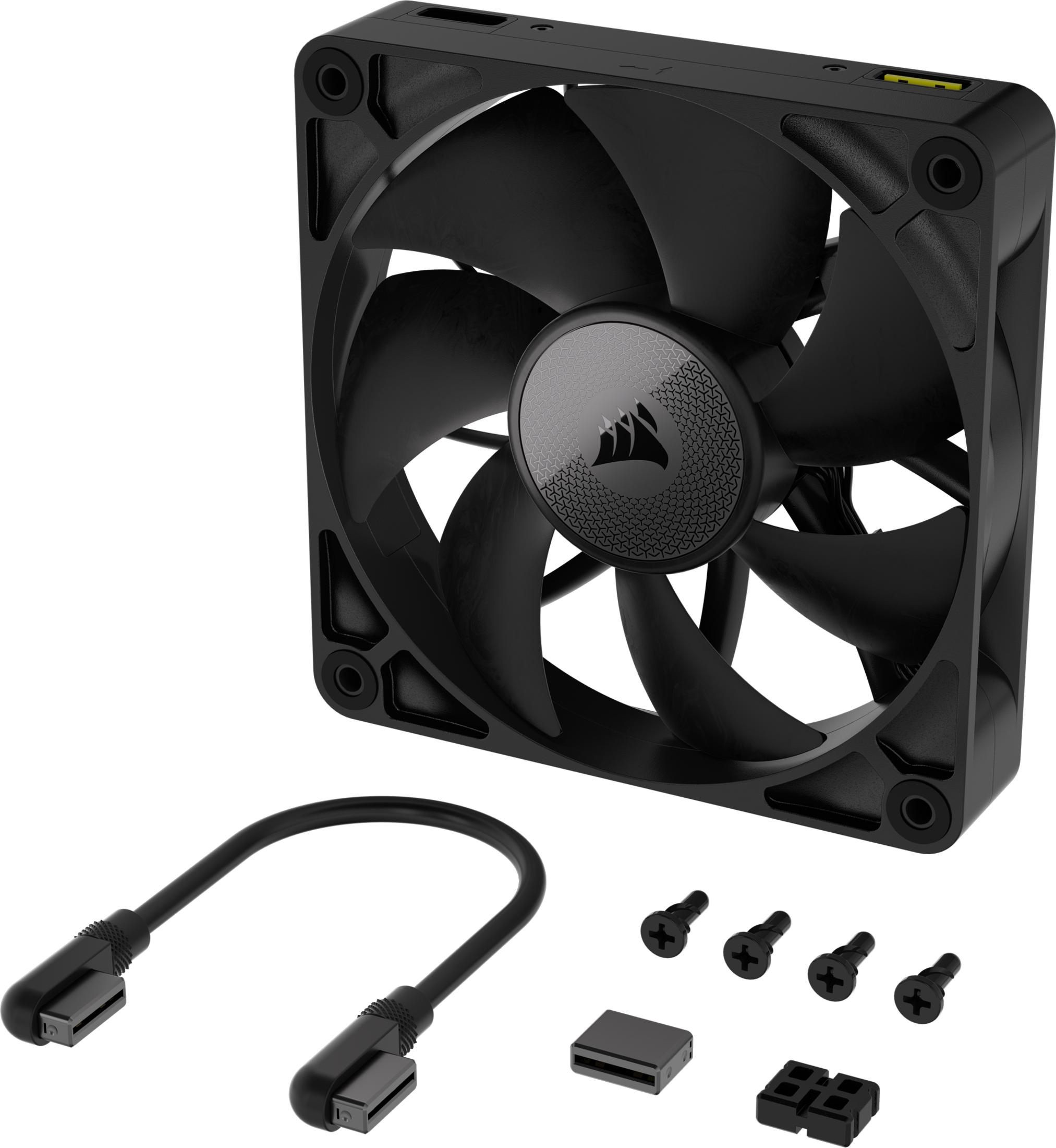 Ventilador de ordenador negro con cables y tornillos sobre fondo blanco.