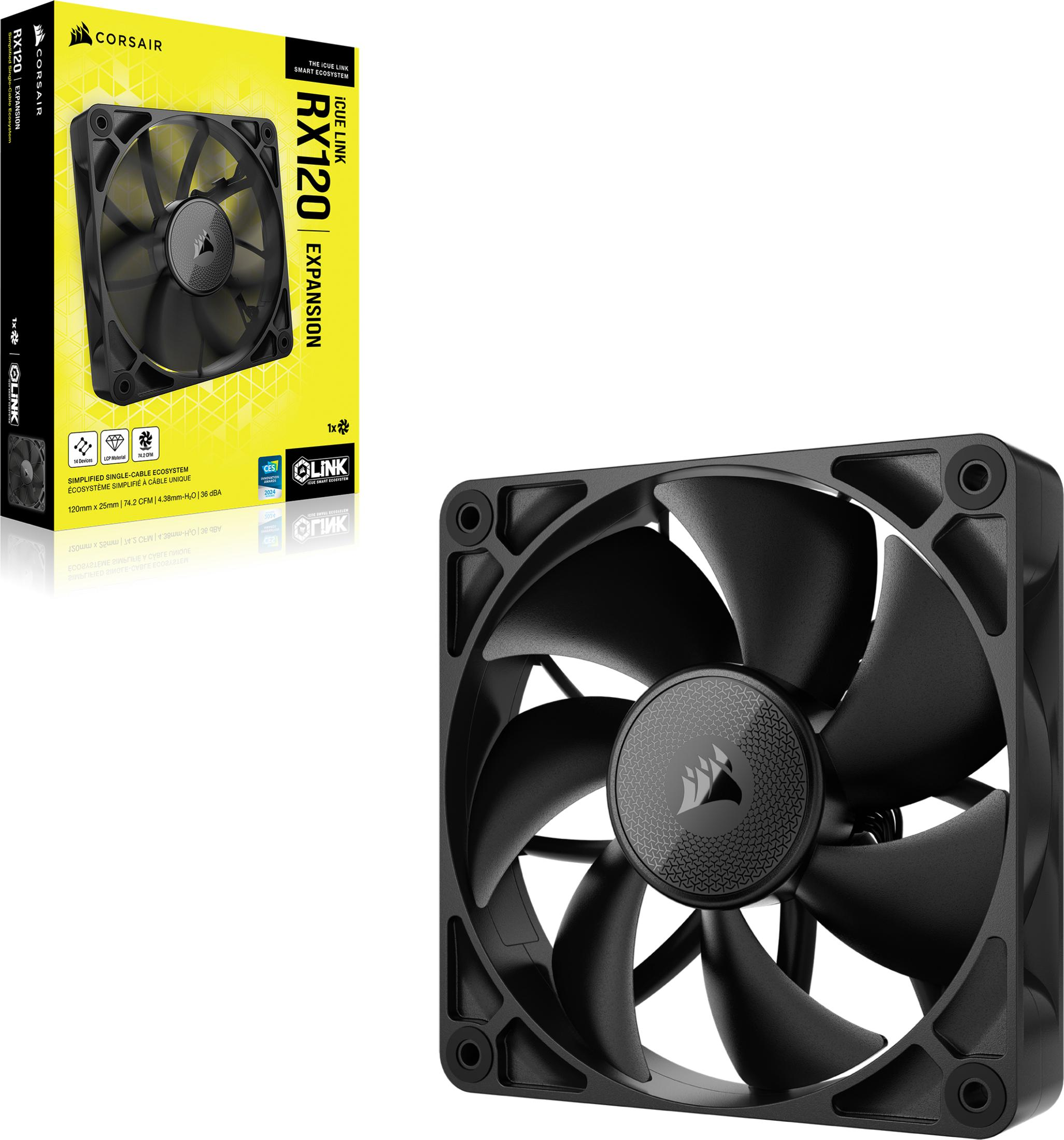 Ventilador negro para PC Corsair con cables y embalaje. Tamaño 120mm.