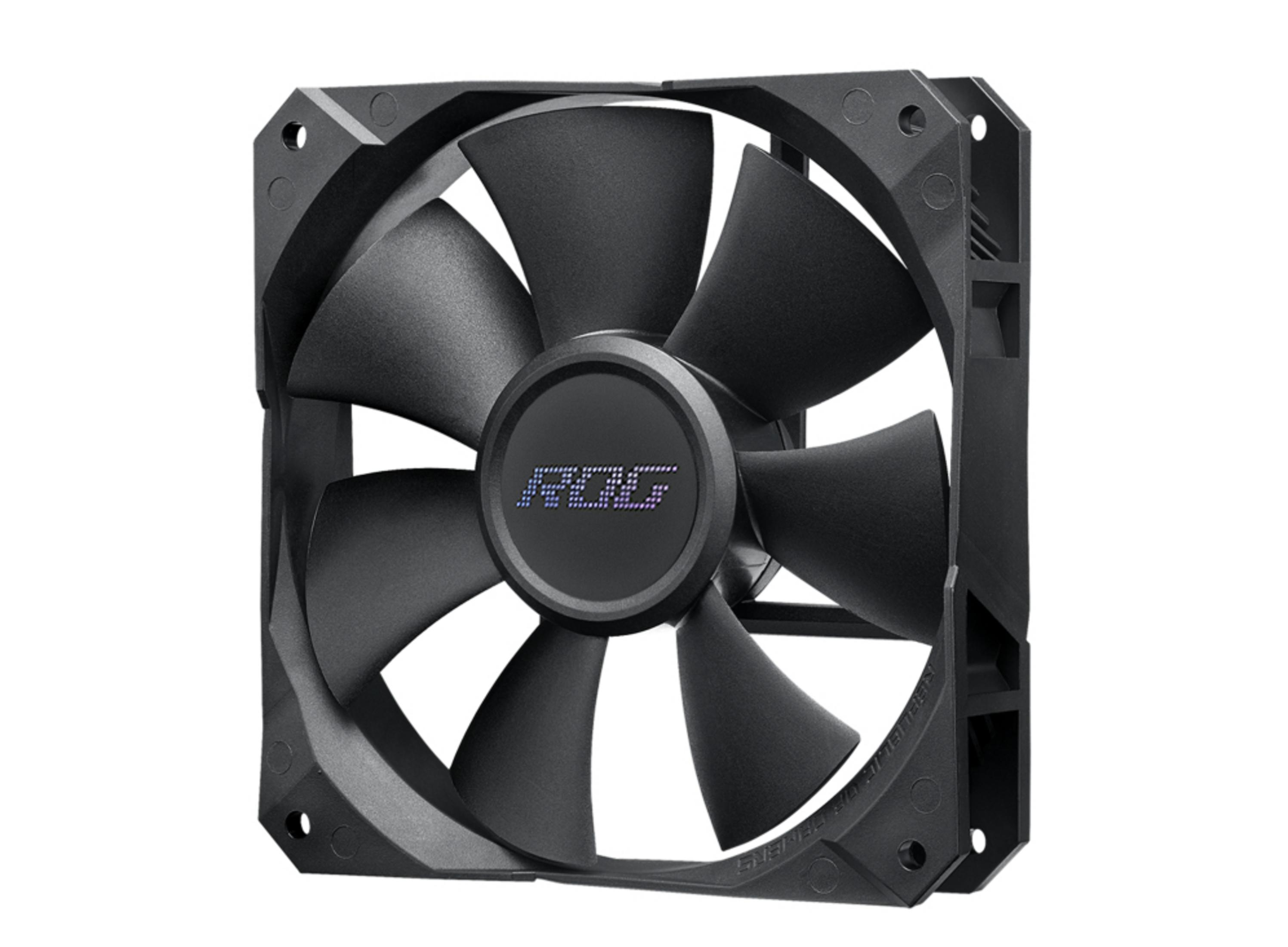 Zwarte computer ventilator met ROG-logo op de naaf.