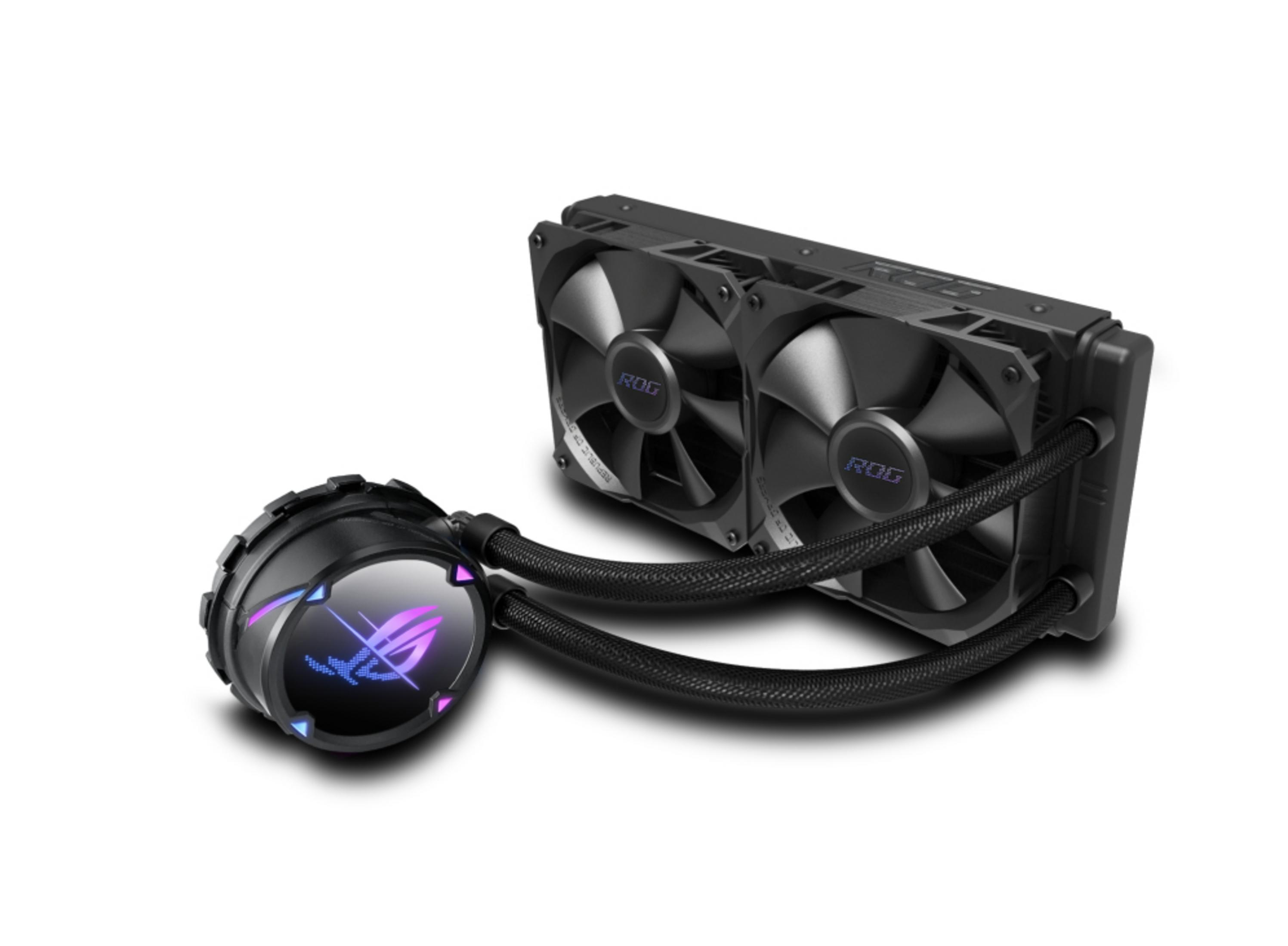 Een zwarte computer CPU-koeler met RGB-logo en twee ventilatoren.