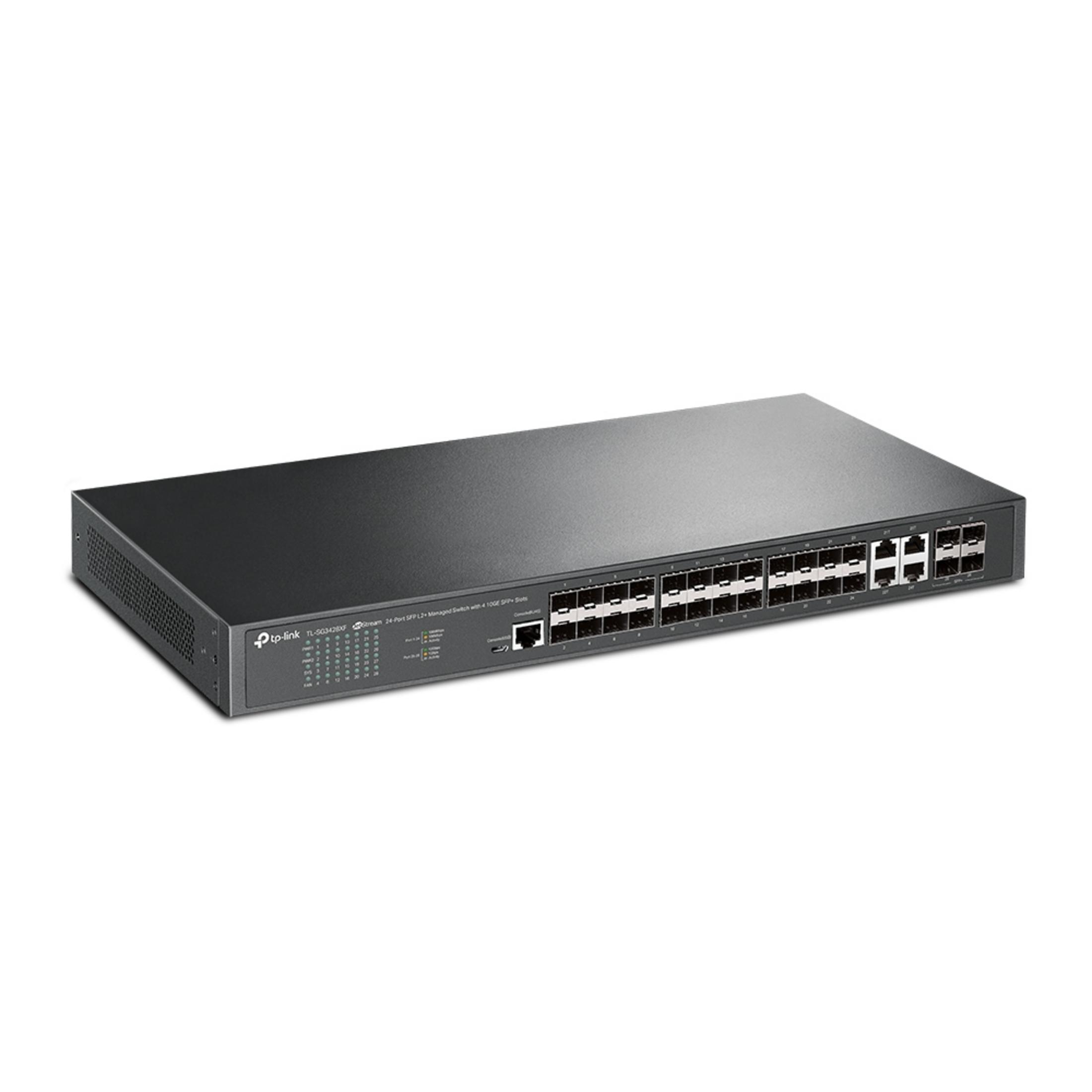 Een zwarte TP-Link 24-poorts L2+ managed switch met 4 SFP-slots.