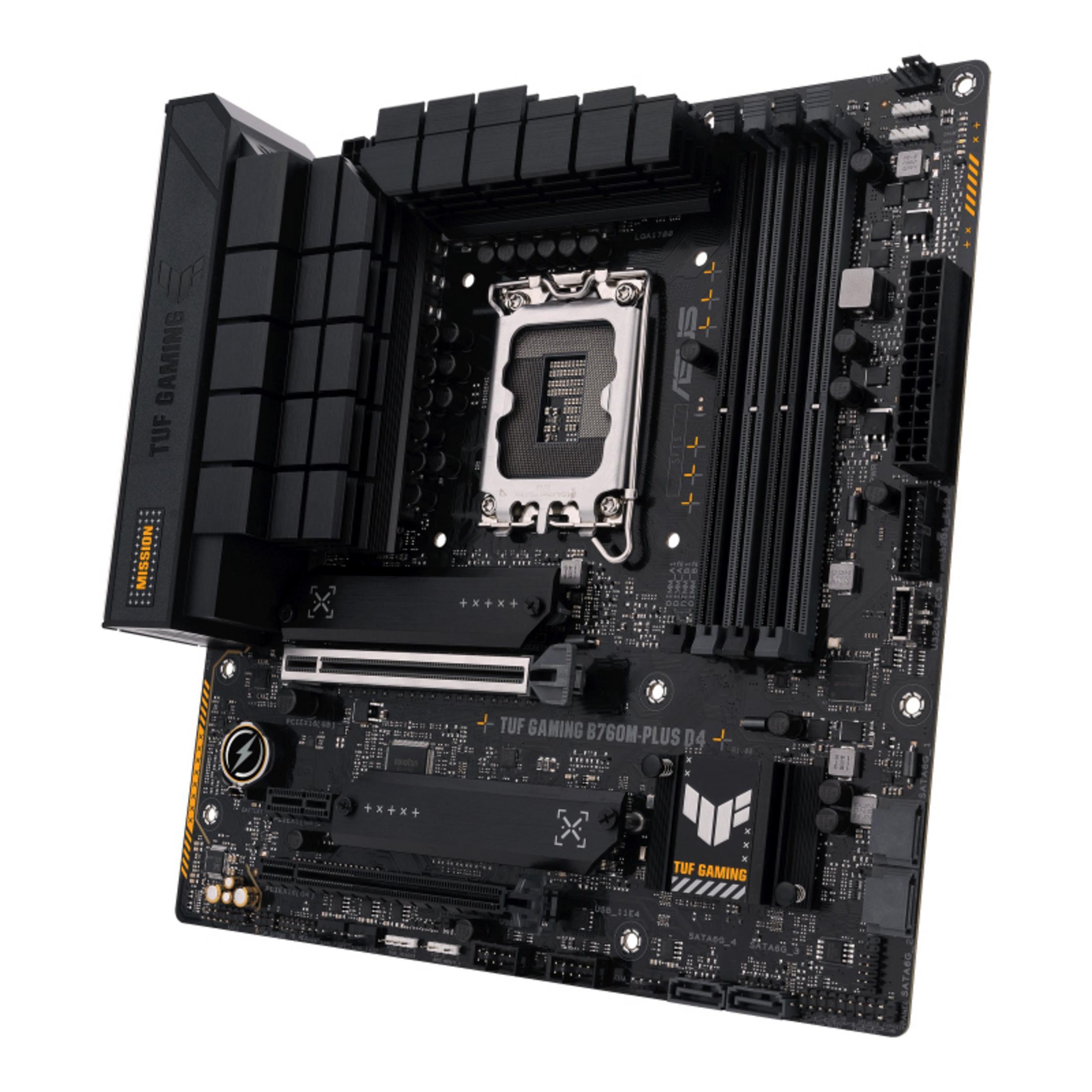 Placa base ASUS TUF GAMING B760M-PLUS D4 negra con zócalo de CPU y ranuras RAM.