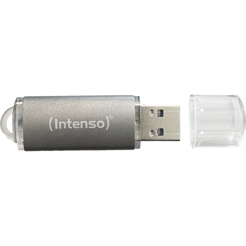 Srebrny pendrive z odkrytą wtyczką, z marką Intenso.