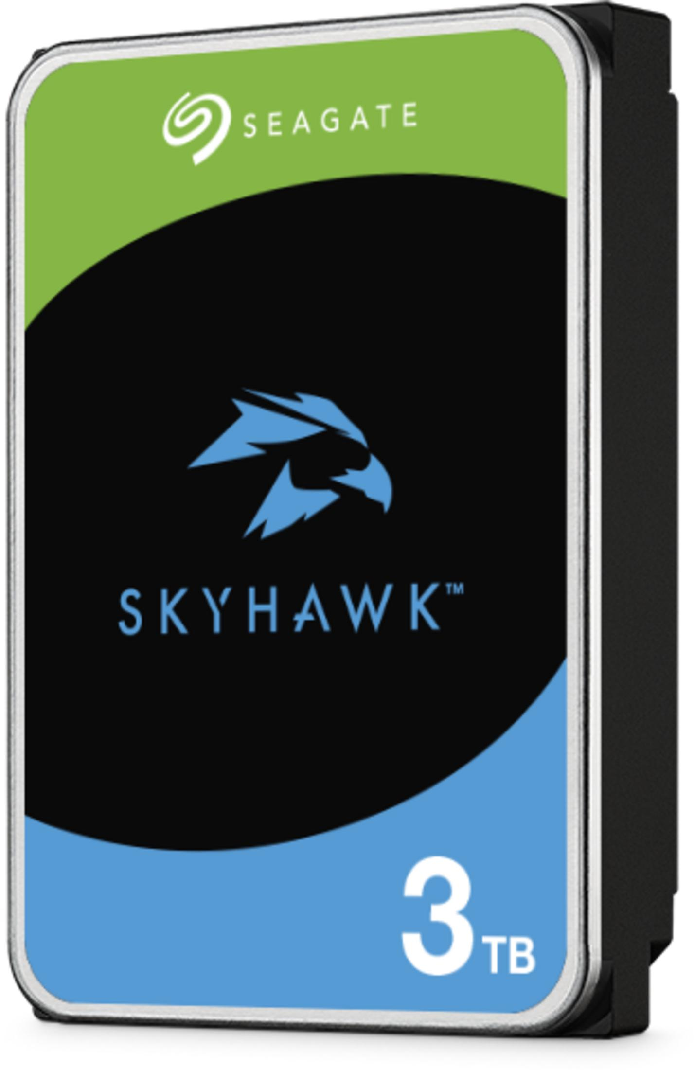 Disco duro Seagate Skyhawk 3TB con logo de águila y diseño azul-verde.