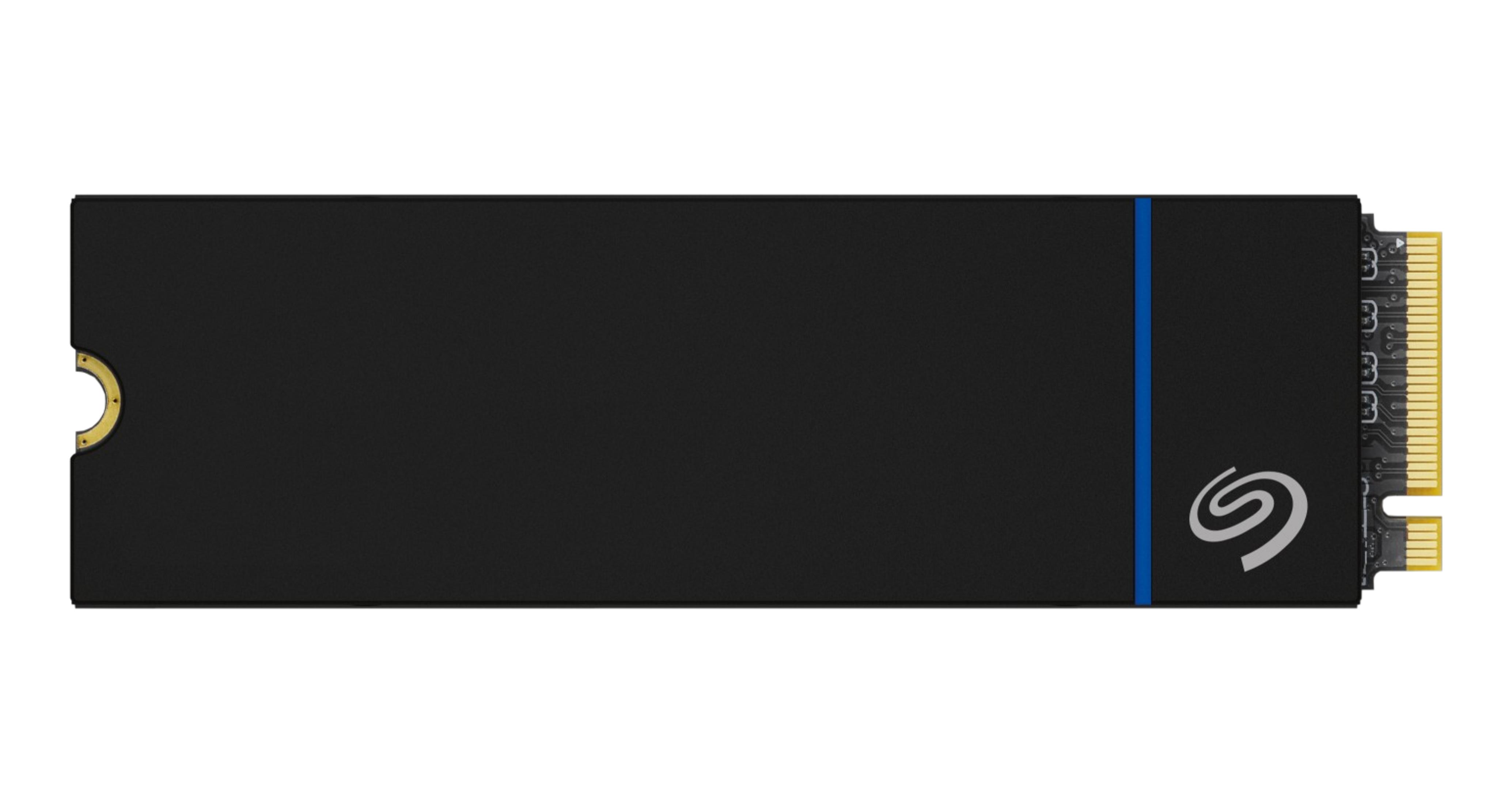 Czarny dysk SSD z niebieskim paskiem i logo Seagate. Złoty złącz.