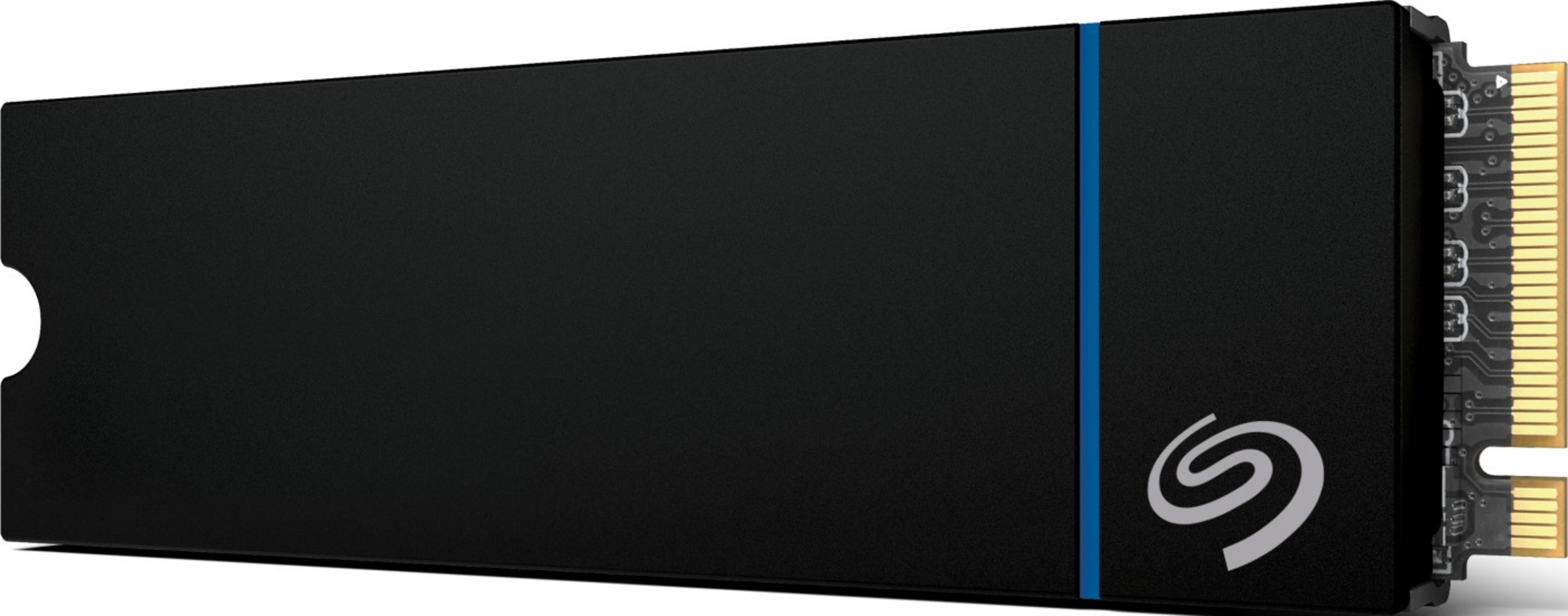 Czarny dysk SSD z niebieskim paskiem i logo Seagate. Złote styki po prawej stronie.