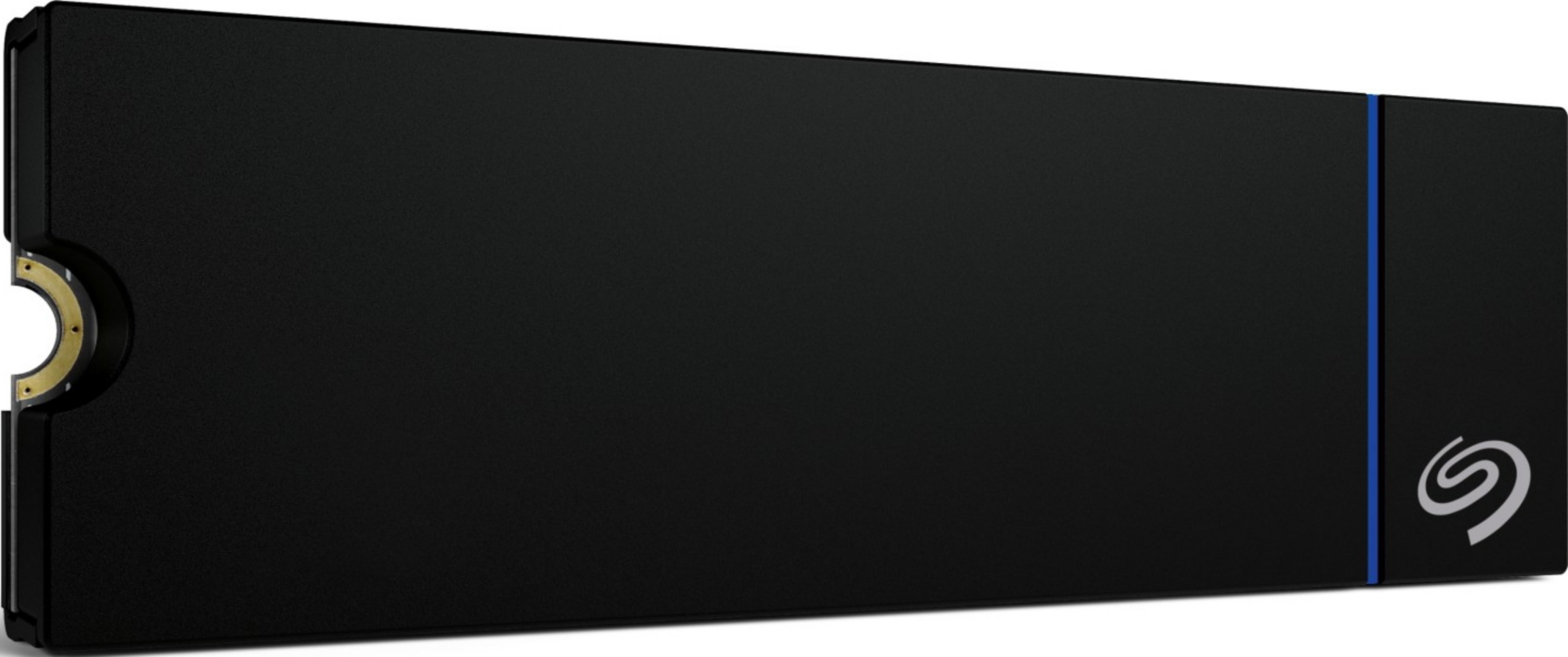 Czarny dysk zewnętrzny z niebieskim paskiem i logo Seagate.