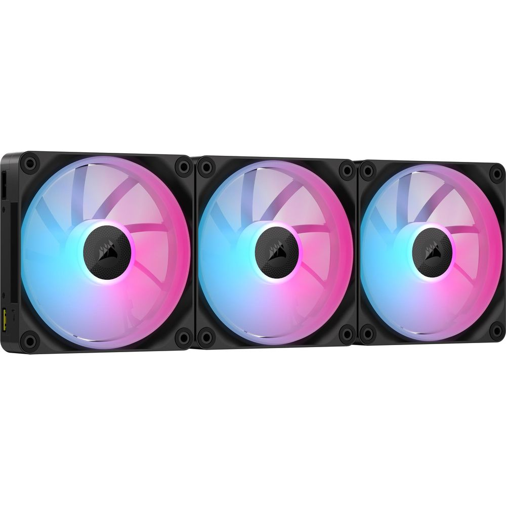 Trois ventilateurs PC RVB avec cadres noirs et lumières colorées côte à côte.