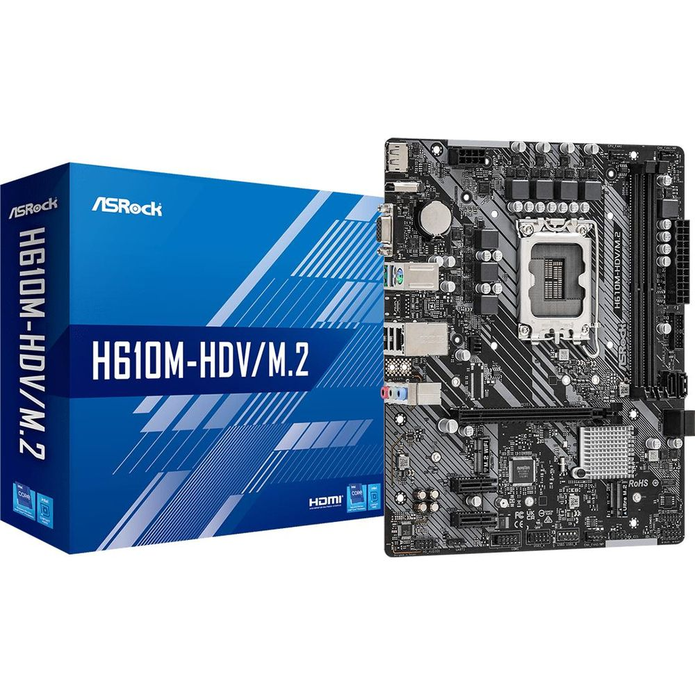 Płyta główna ASRock H610M-HDV/M.2 i jej opakowanie na białym tle.